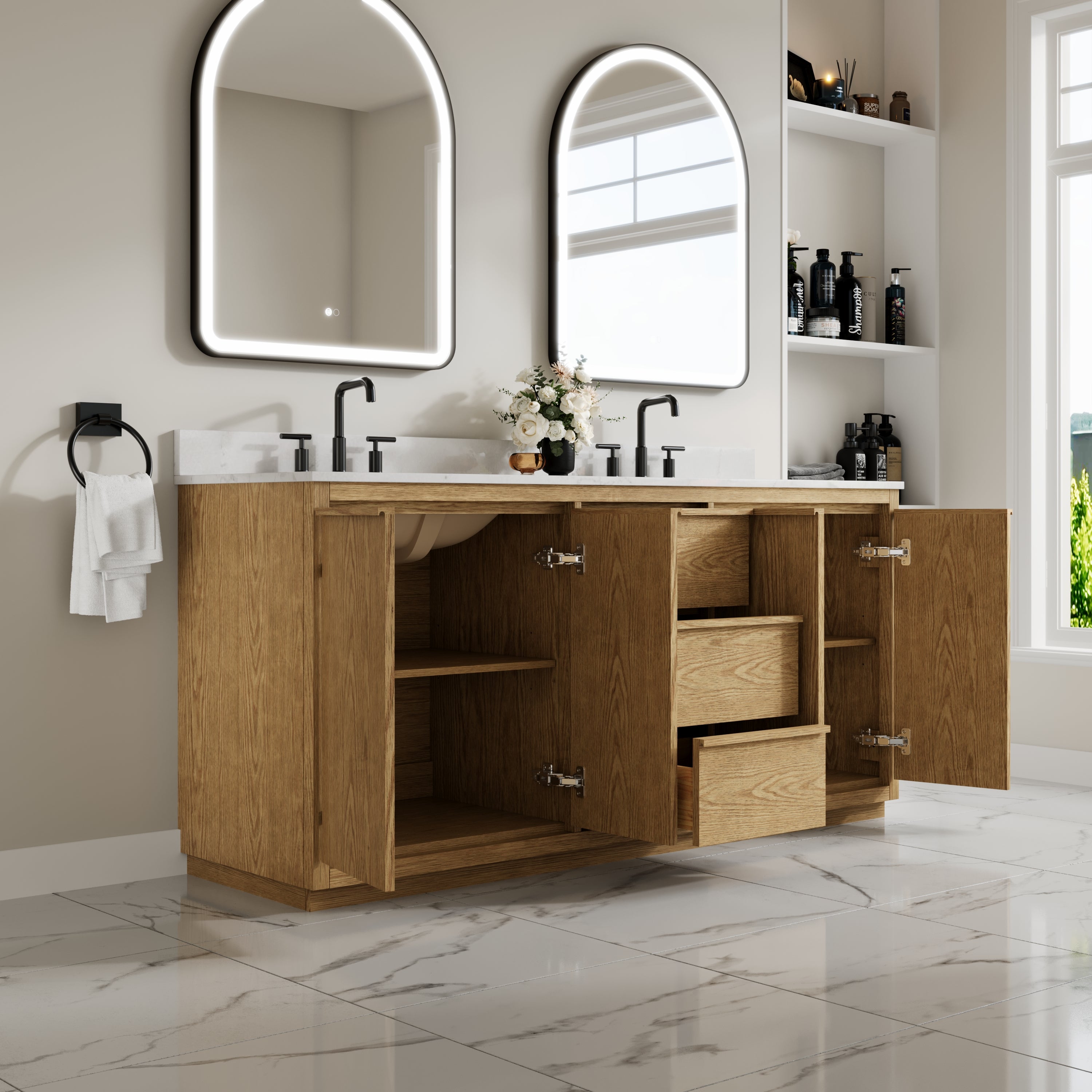 72 Inch Oak Soild Wood Bathroom Vanity with Double Undermount Sinks, 3 Dovetail-constructed Drawers and 4 Soft-close Doors
