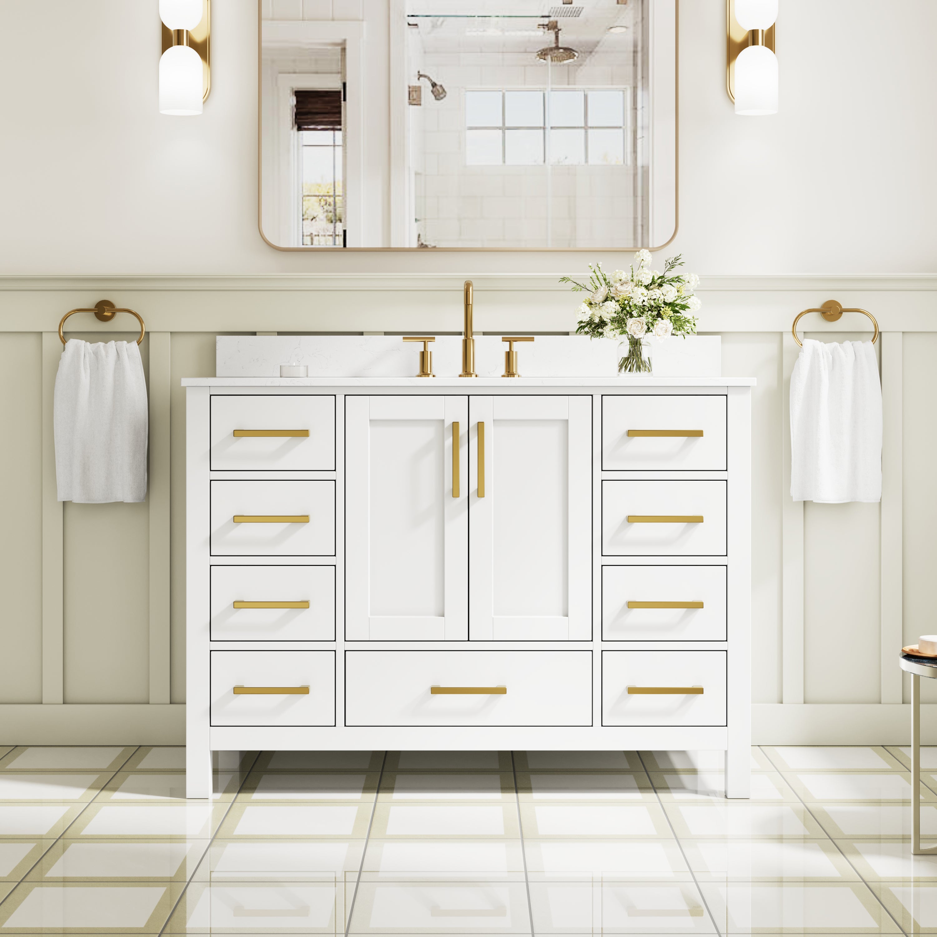 48 Inch Freestanding Solid Wood Bathroom Vanity with Carrara Cultured