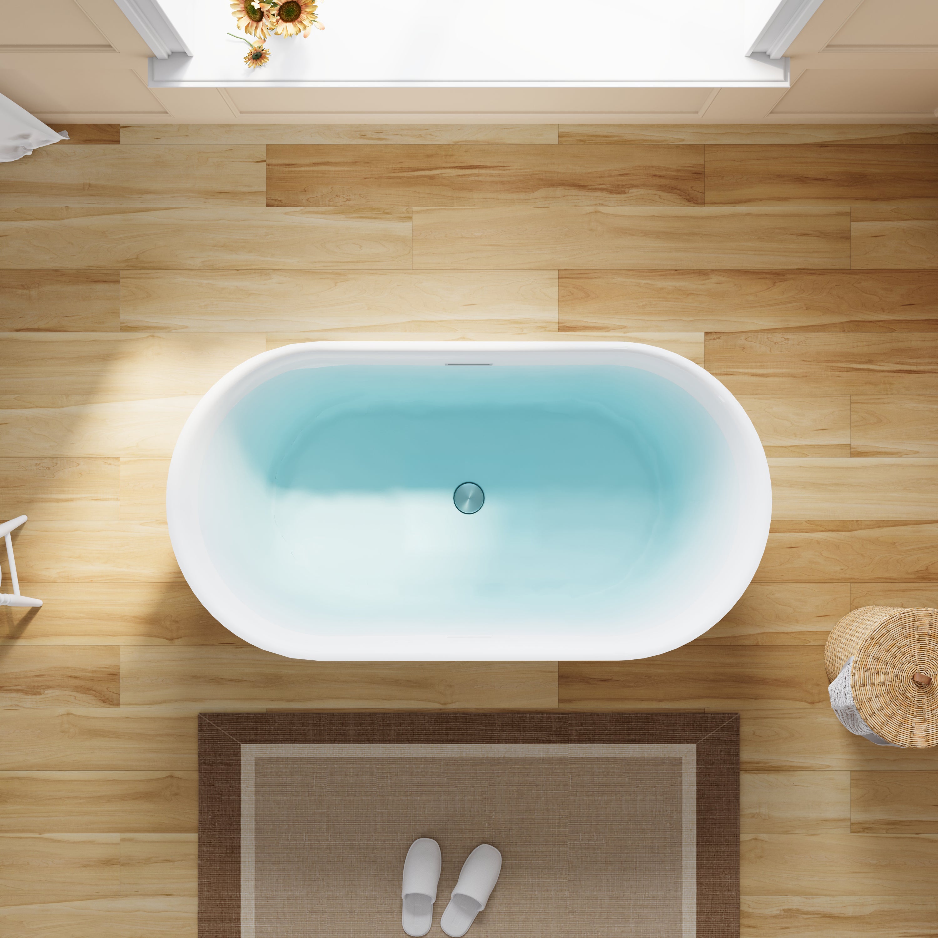 59" Acrylic Freestanding Soaking Bathtub in White with Overflow and Drain