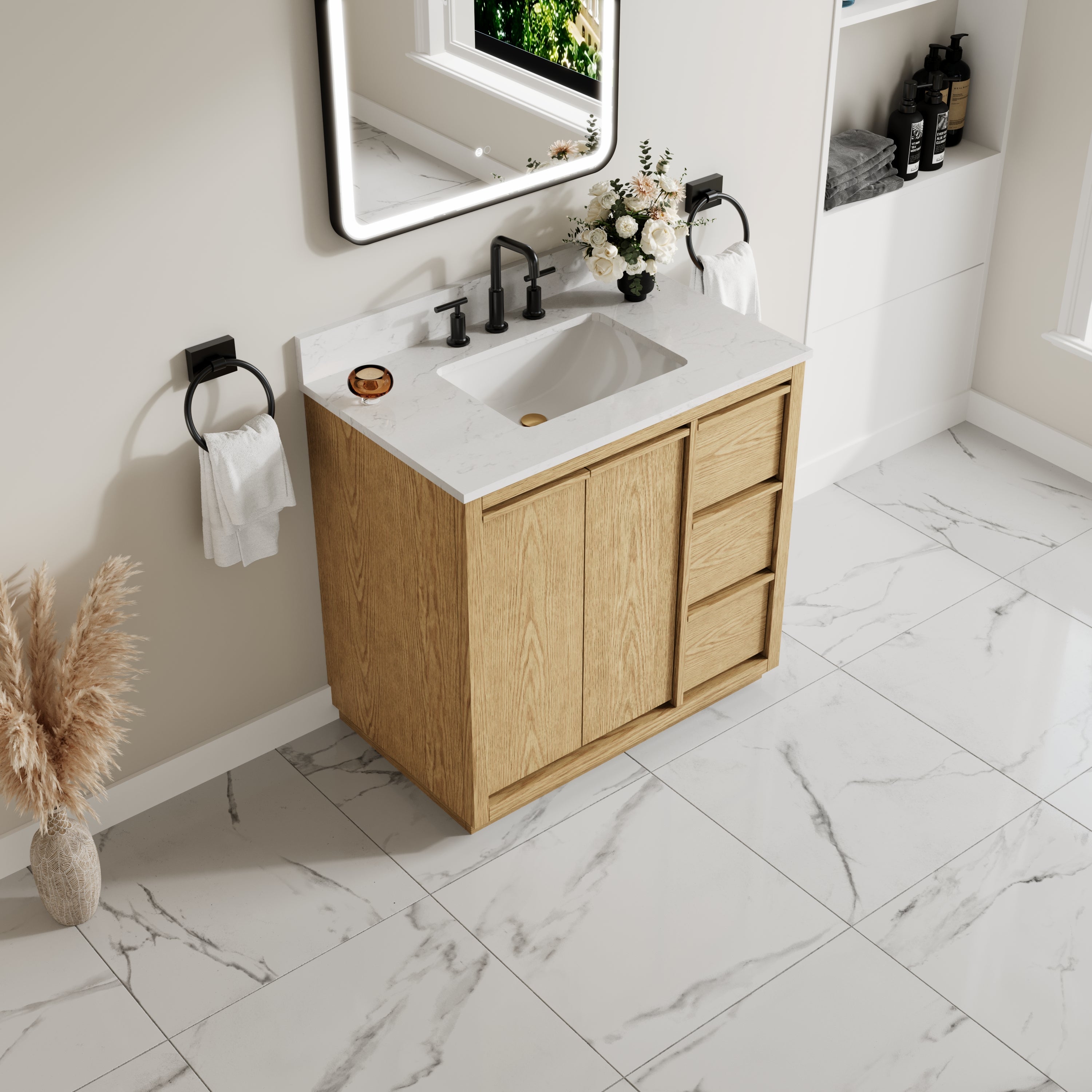 36 Inch Oak Soild Wood Bathroom Vanity with Sink, 3 Dovetail-constructed Drawers and 2 Soft-close Doors