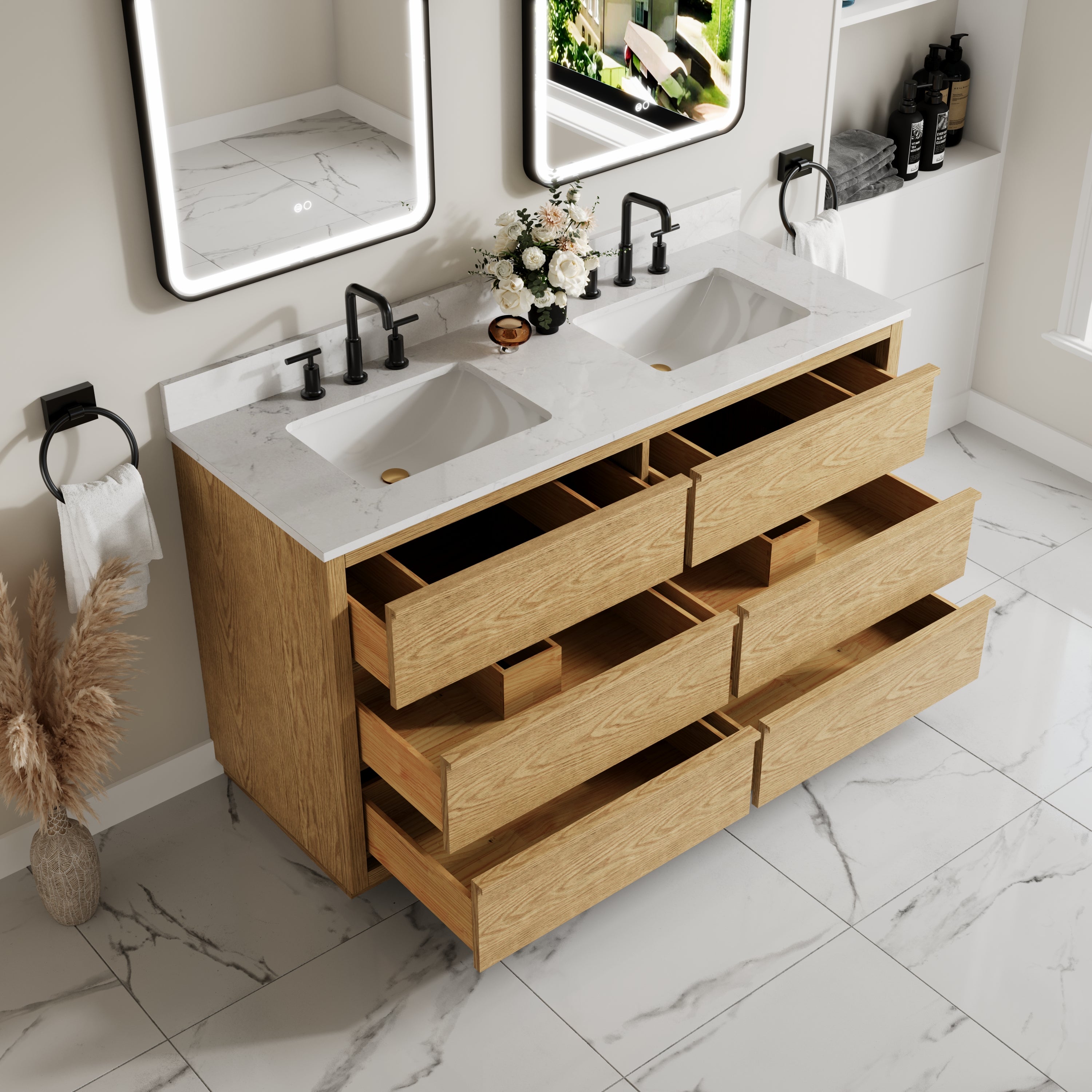 60 Inch Oak Soild Wood Bathroom Vanity with Double Undermount Sinks, 6 Dovetail-constructed Drawers