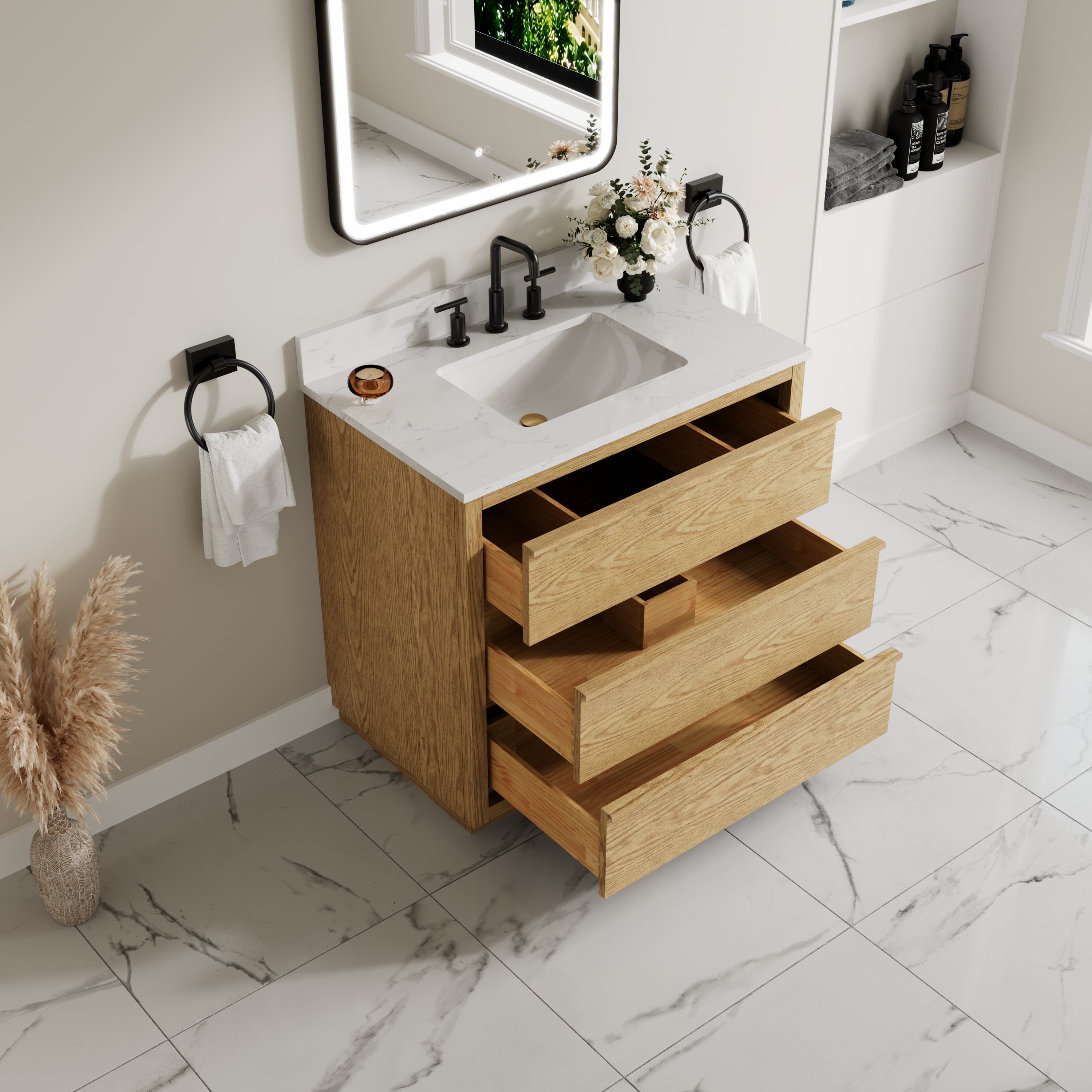 36 Inch Oak Soild Wood Bathroom Vanity with Single Undermount Sink, 3 Dovetail-constructed Drawers