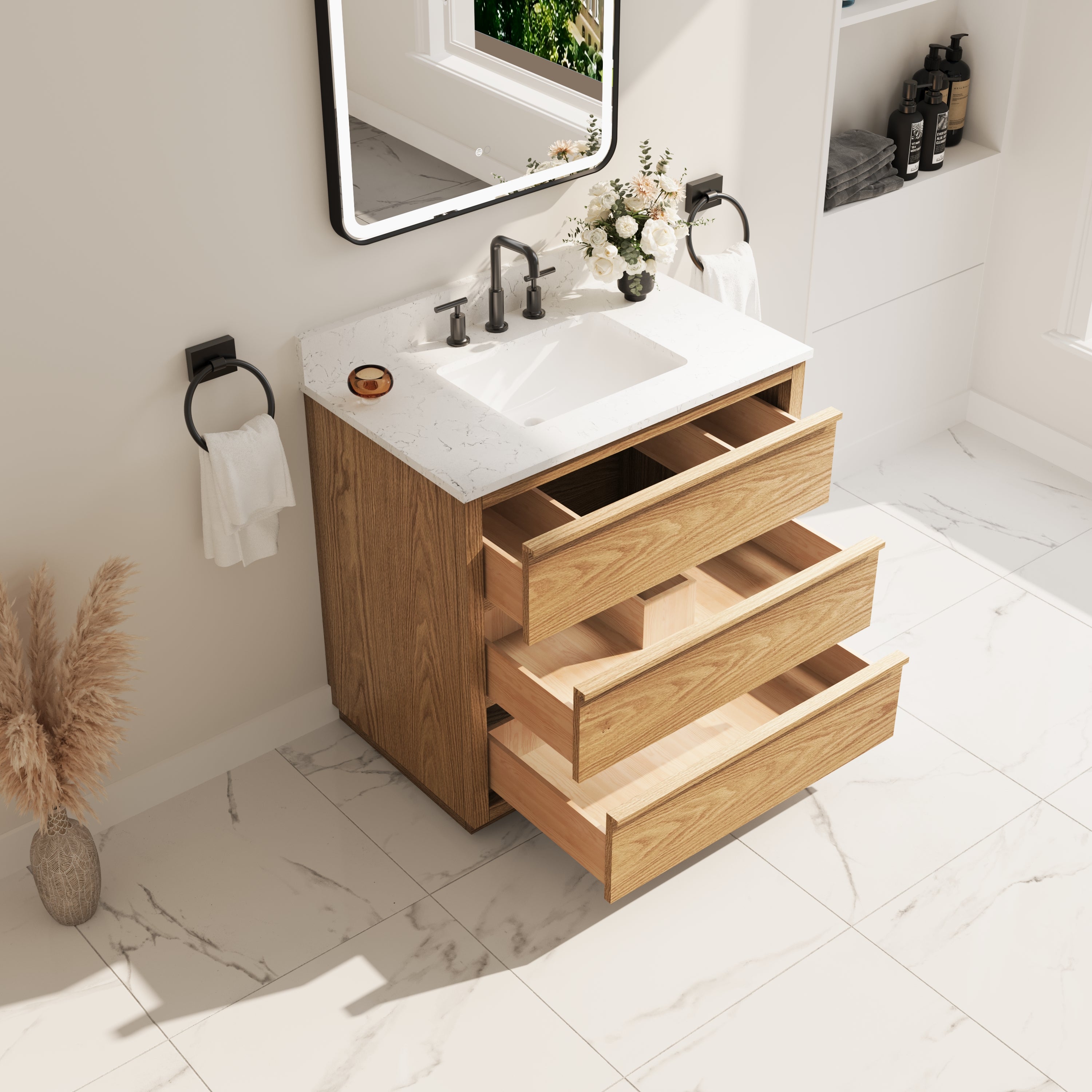 36 Inch Oak Soild Wood Bathroom Vanity with Single Undermount Sink, 3 Dovetail-constructed Drawers