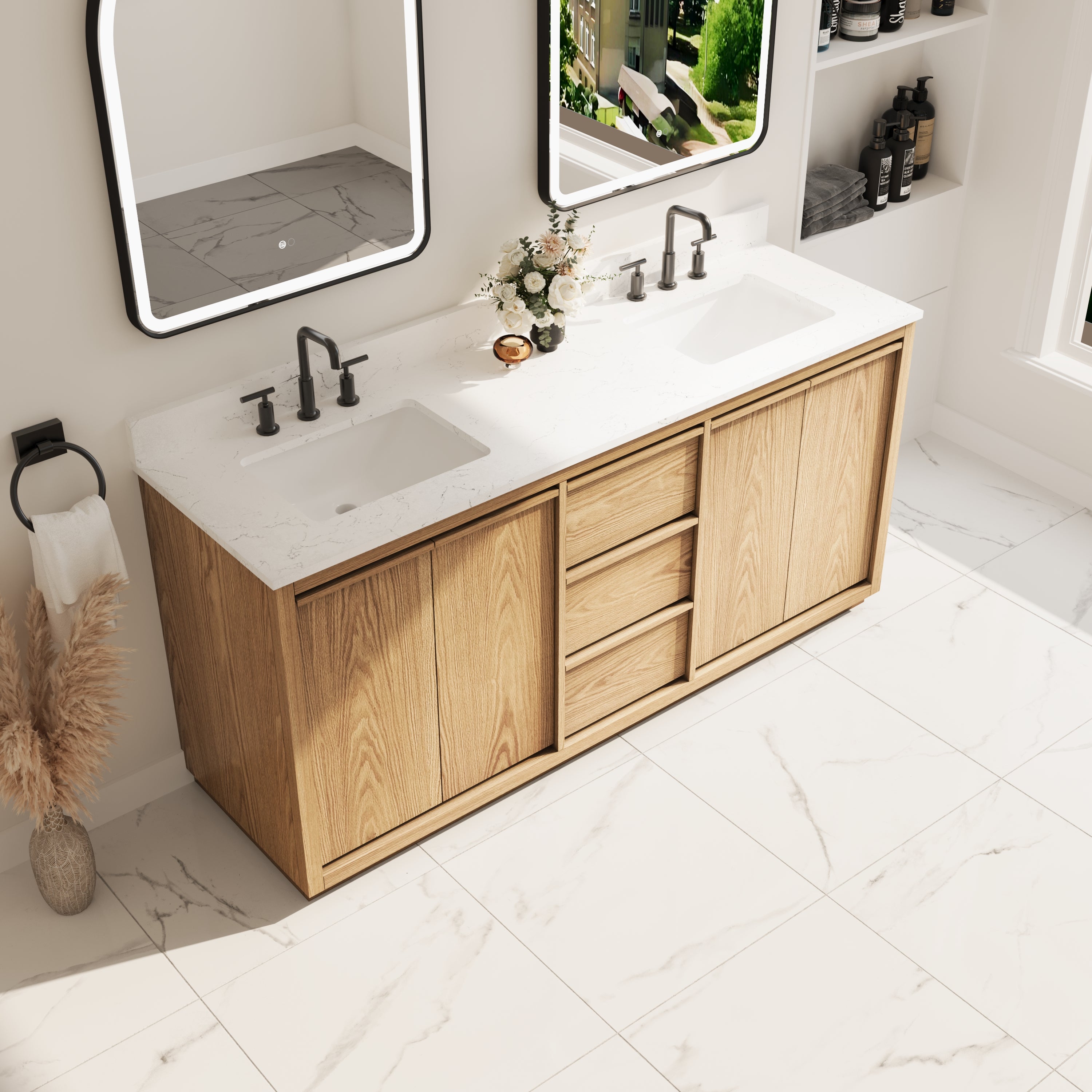 72 Inch Oak Soild Wood Bathroom Vanity with Double Undermount Sinks, 3 Dovetail-constructed Drawers and 4 Soft-close Doors