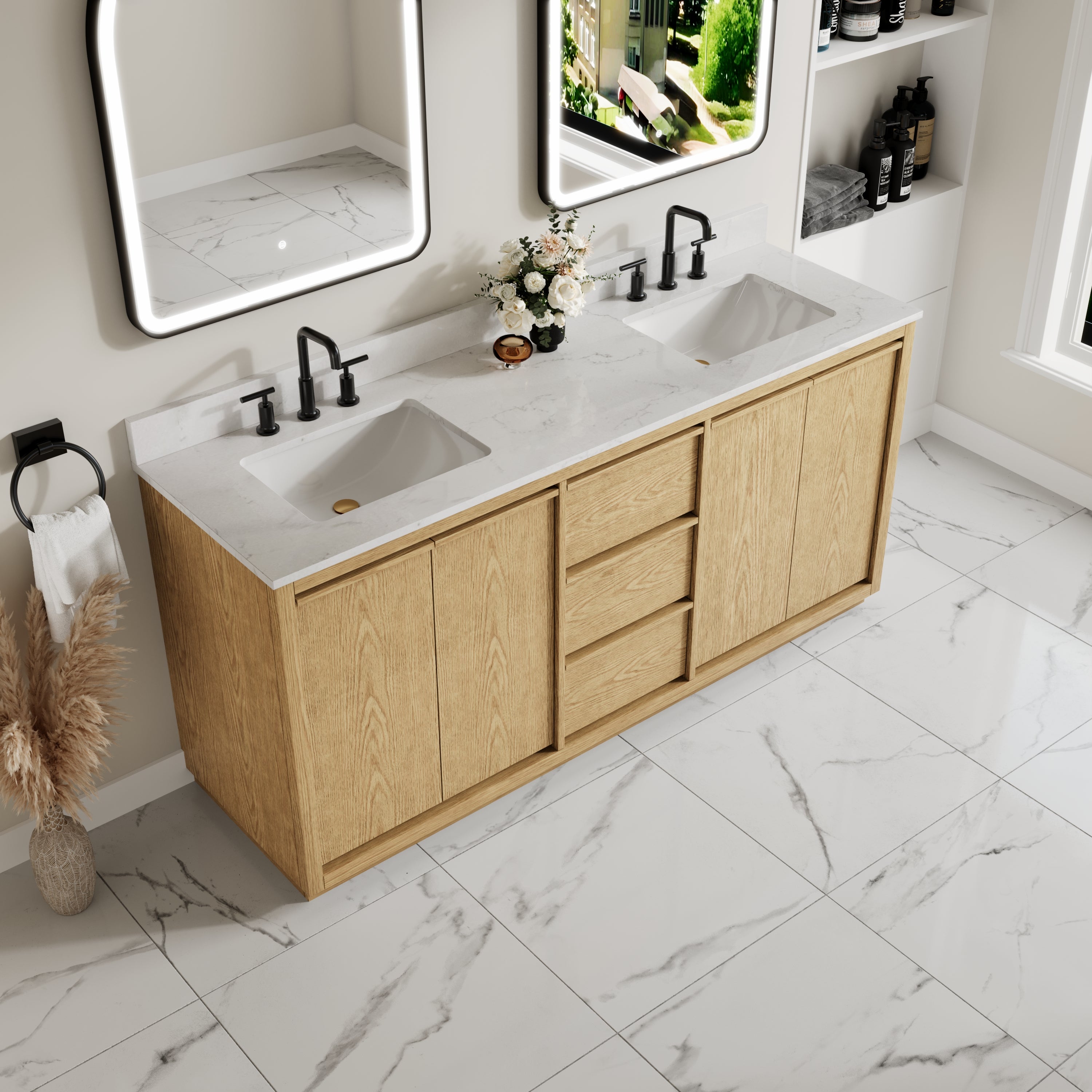 72 Inch Oak Soild Wood Bathroom Vanity with Double Undermount Sinks, 3 Dovetail-constructed Drawers and 4 Soft-close Doors