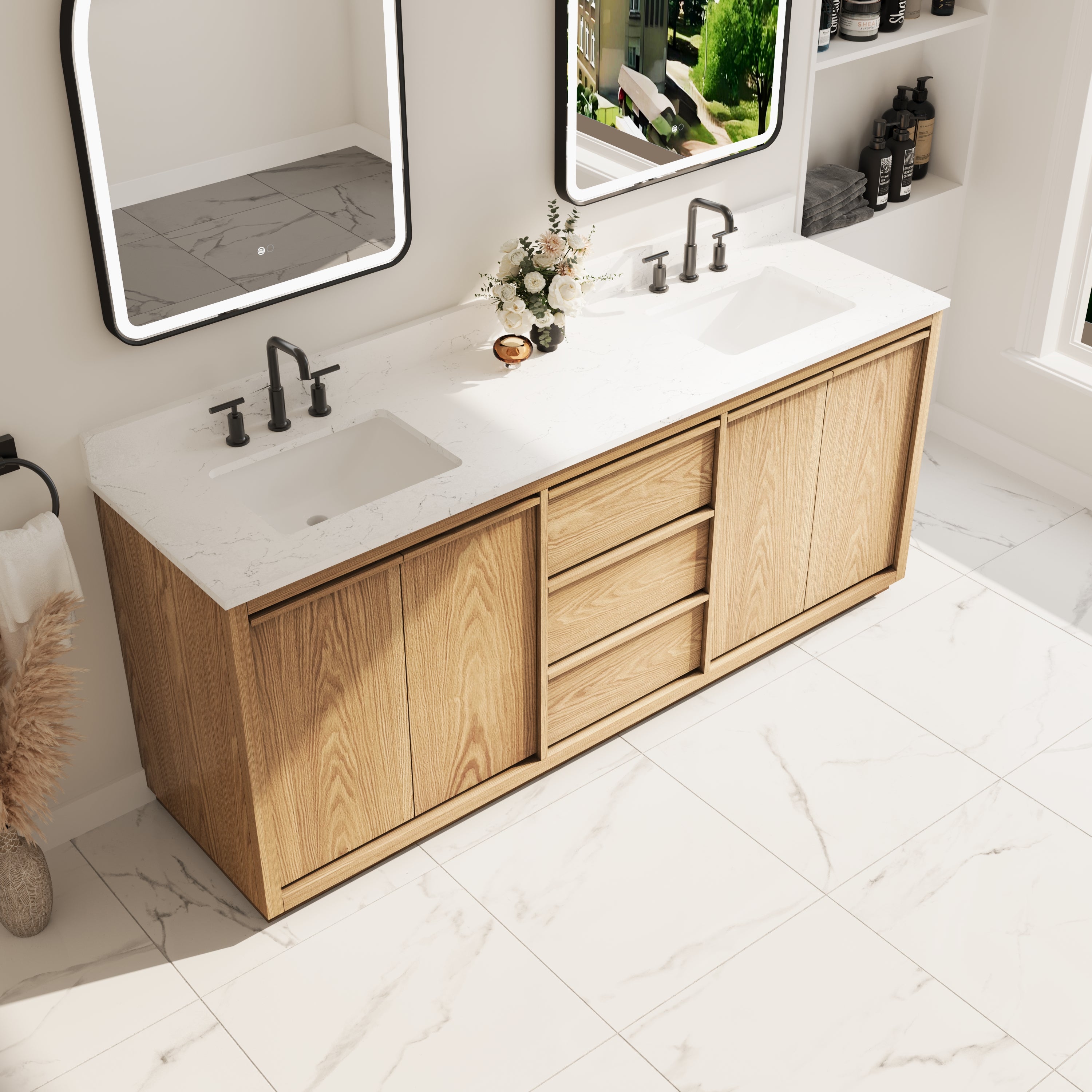 80 Inch Oak Soild Wood Bathroom Vanity with Double Undermount Sinks, 3 Dovetail-constructed Drawers and 4 Soft-close Doors