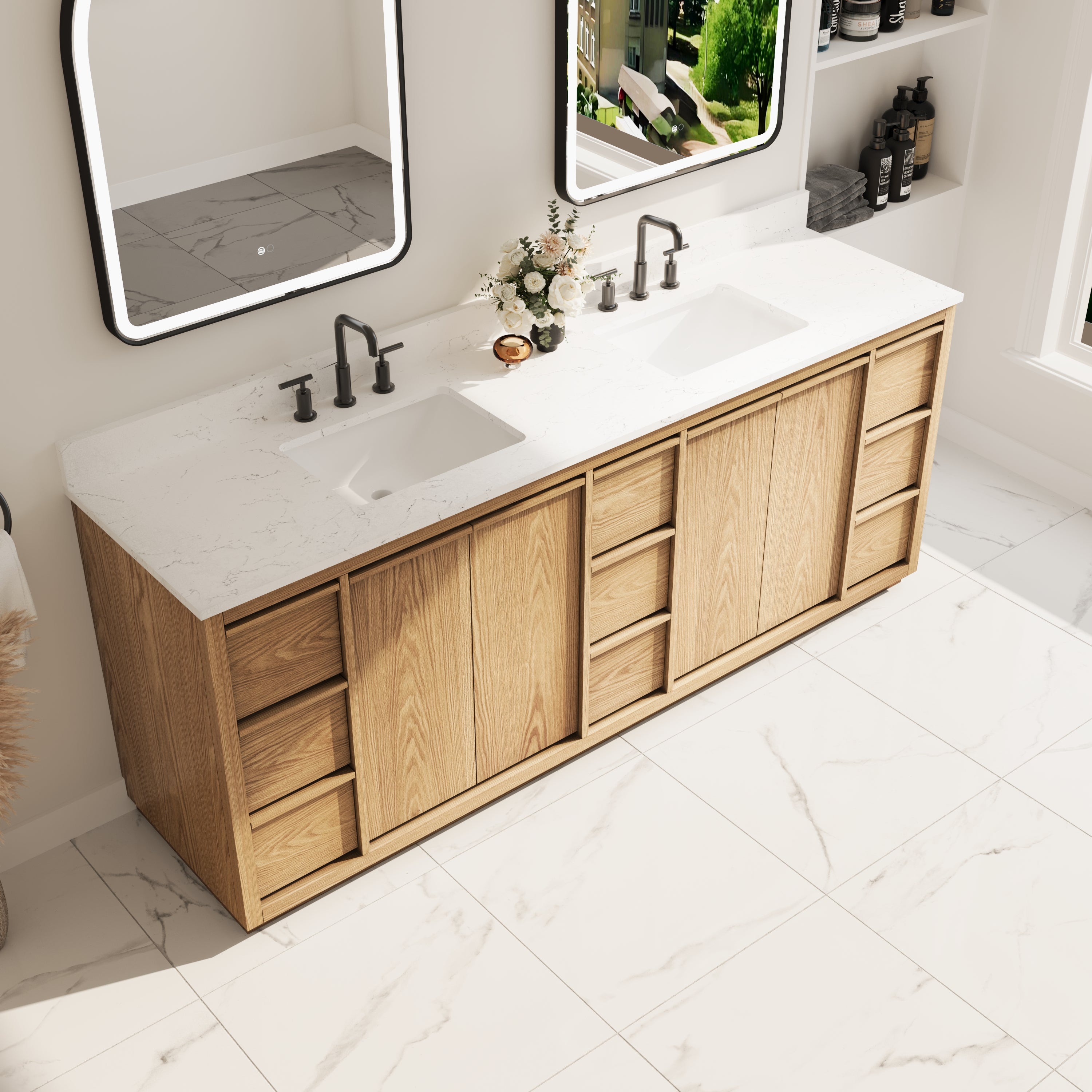 84 Inch Oak Soild Wood Bathroom Vanity with Double Undermount Sinks, 9 Dovetail-constructed Drawers and 4 Soft-close Doors