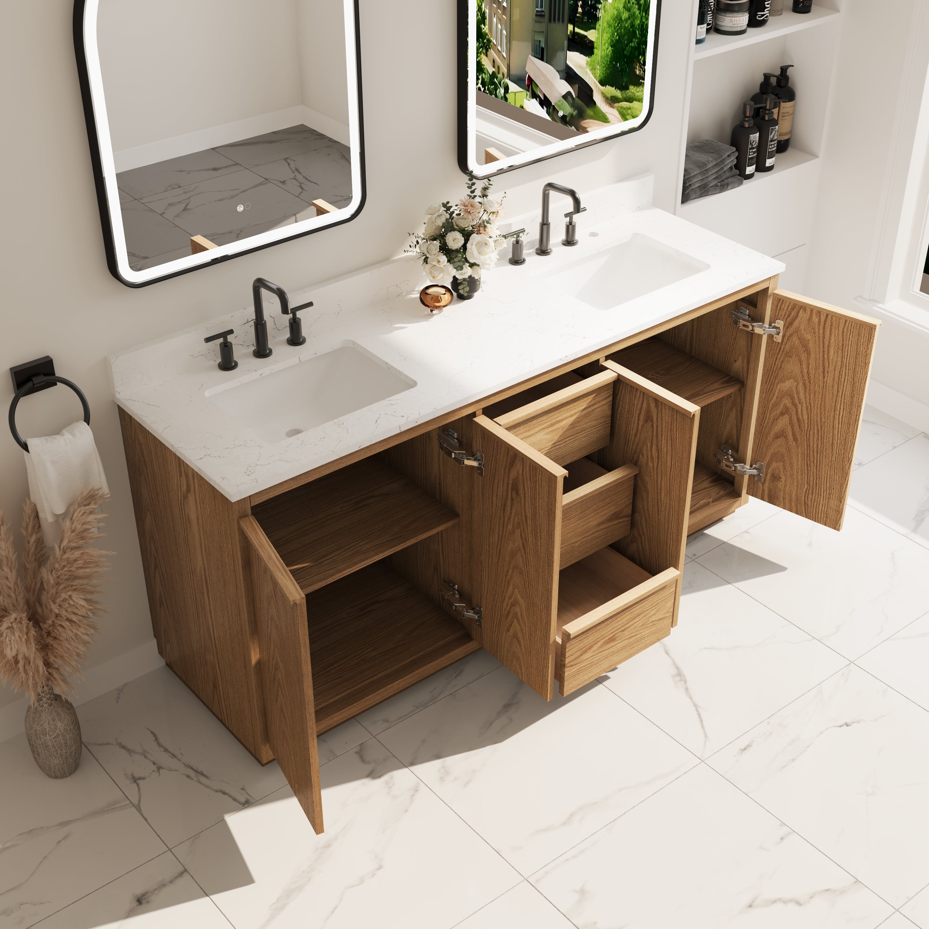 72 Inch Oak Soild Wood Bathroom Vanity with Double Undermount Sinks, 3 Dovetail-constructed Drawers and 4 Soft-close Doors