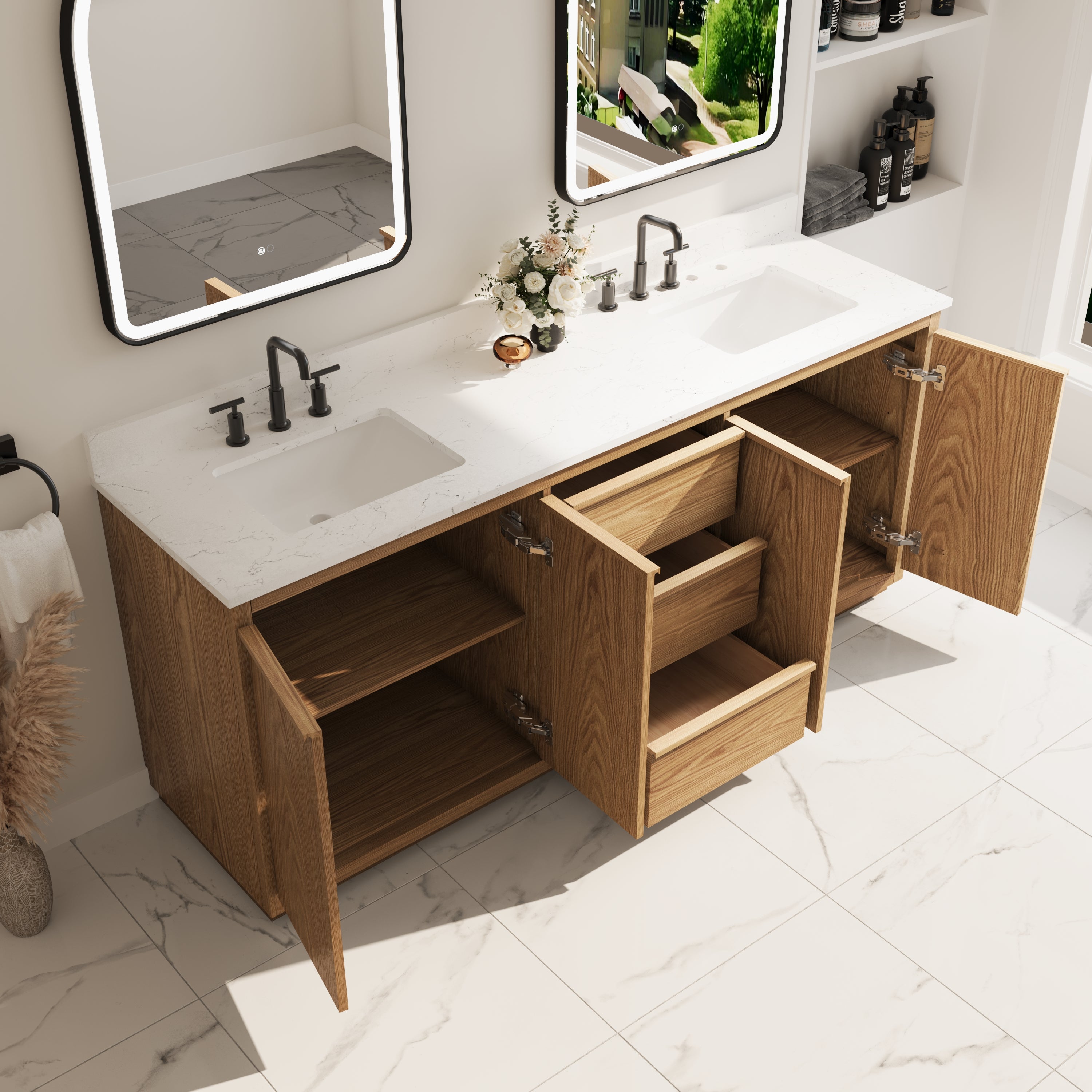 80 Inch Oak Soild Wood Bathroom Vanity with Double Undermount Sinks, 3 Dovetail-constructed Drawers and 4 Soft-close Doors