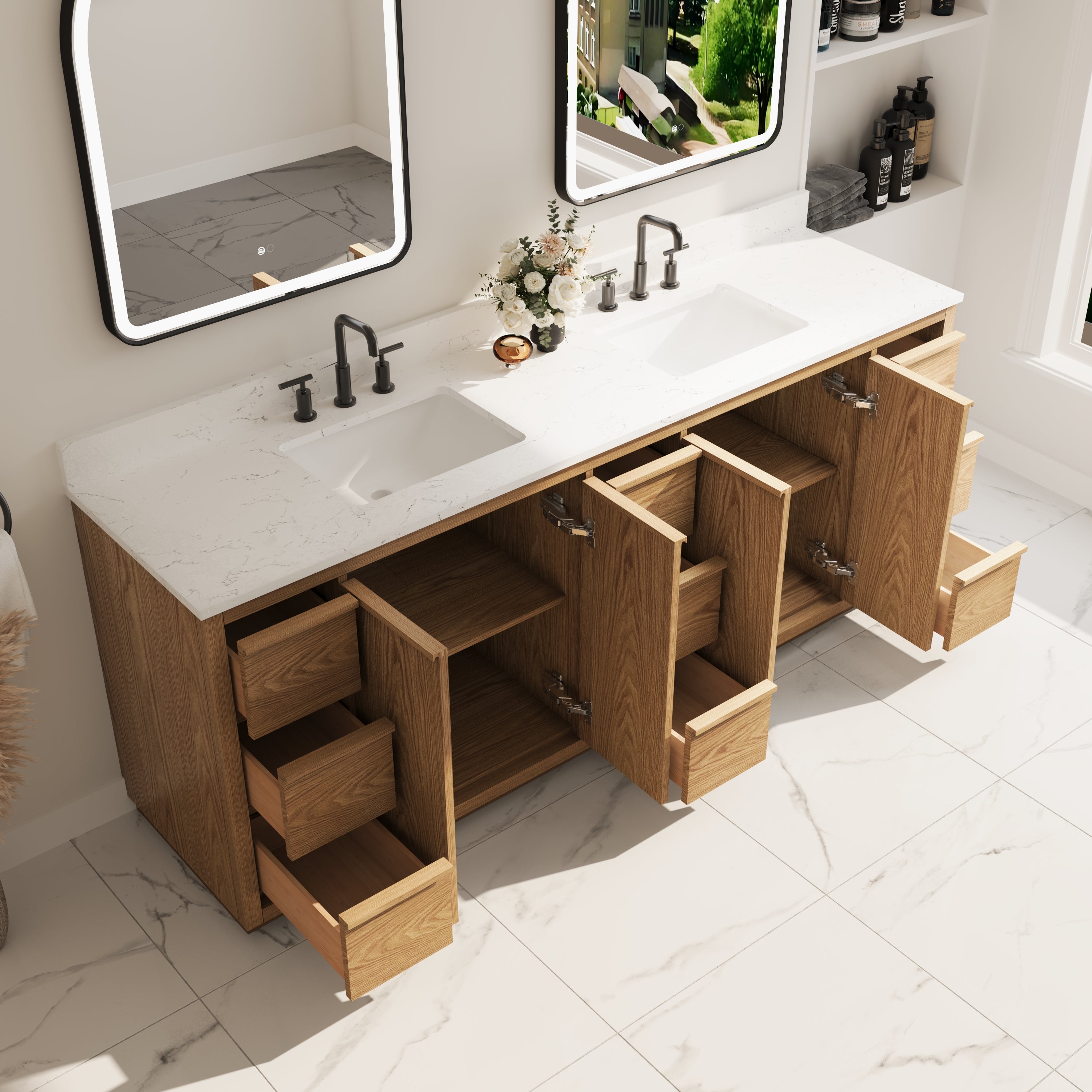 84 Inch Oak Soild Wood Bathroom Vanity with Double Undermount Sinks, 9 Dovetail-constructed Drawers and 4 Soft-close Doors