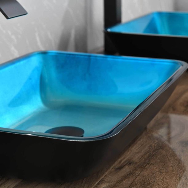 18in L -13in W -4in H Handmade Countertop Glass Rectangular Vessel Bathroom Sink Set in Turquoise
