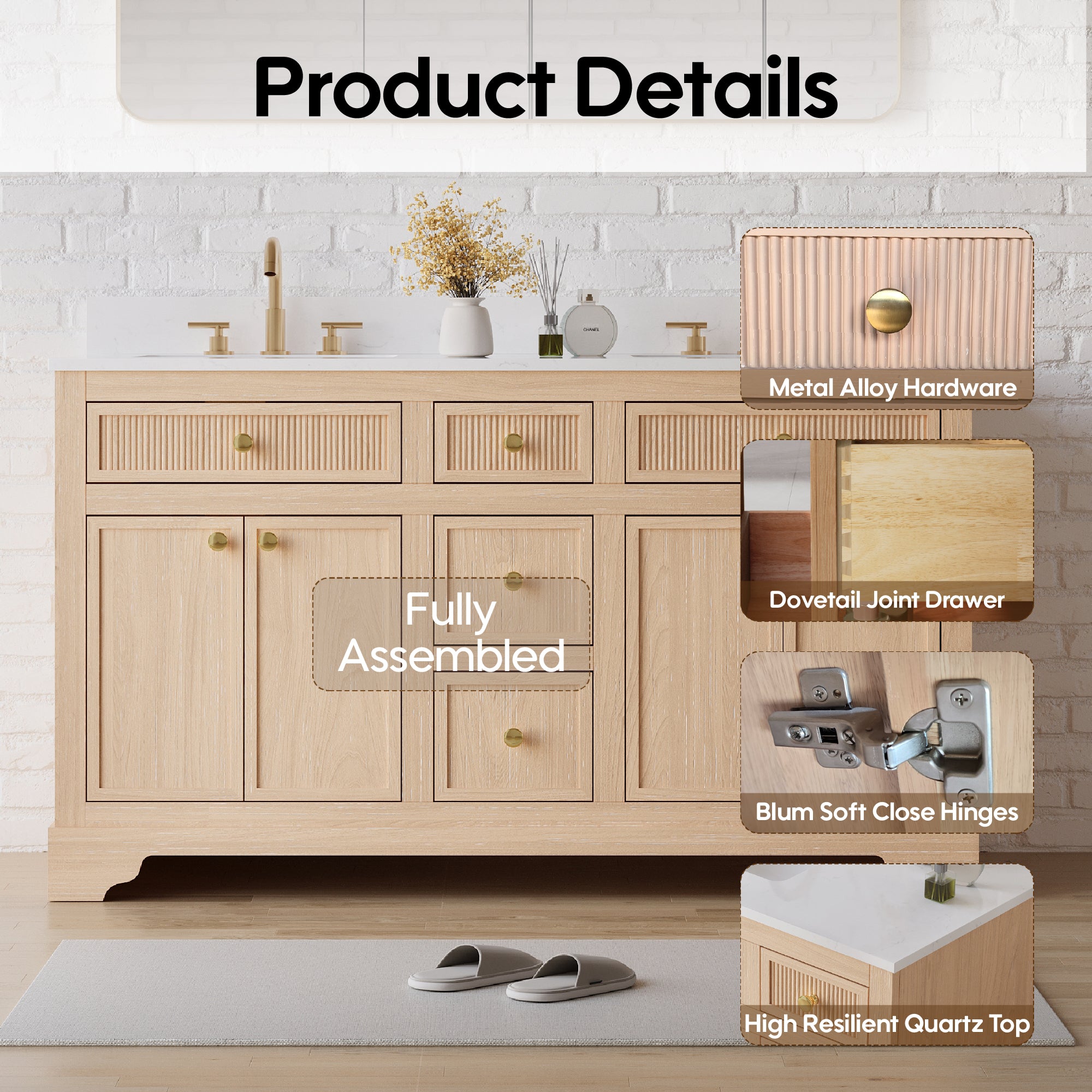 60-Inch Light Wood Freestanding Bathroom Vanity with Carrara White Quartz Top Double Sinks