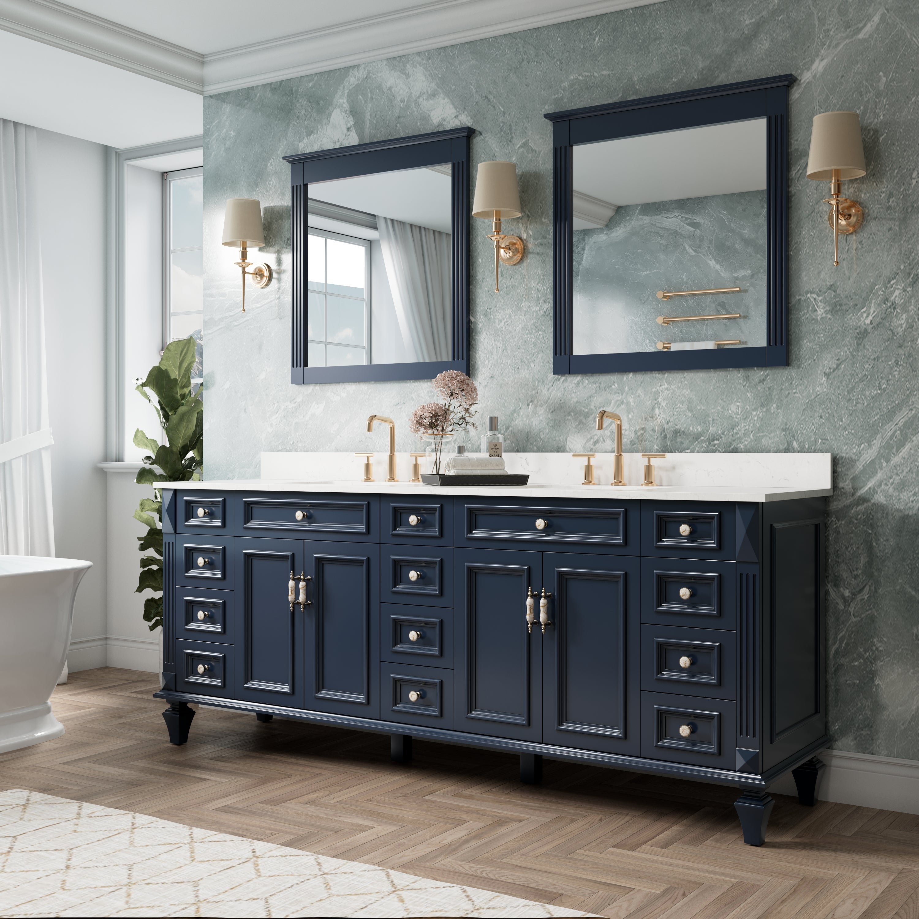 84 in. Freestanding Solid Wood Bathroom Vanity with Carrara White Quartz Countertop, Navy Blue