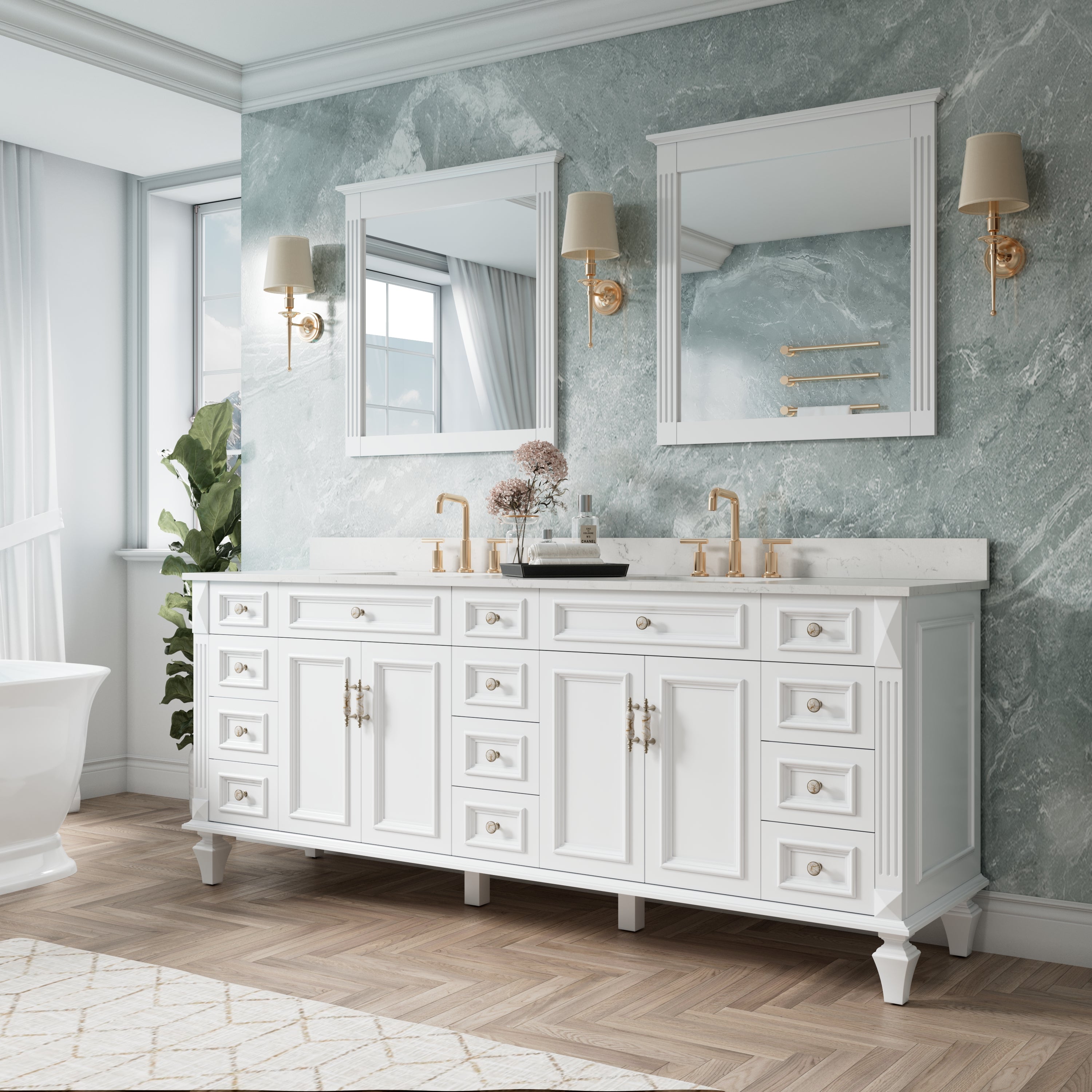 84 in. Freestanding Solid Wood Bathroom Vanity with Carrara White Quartz Countertop, White