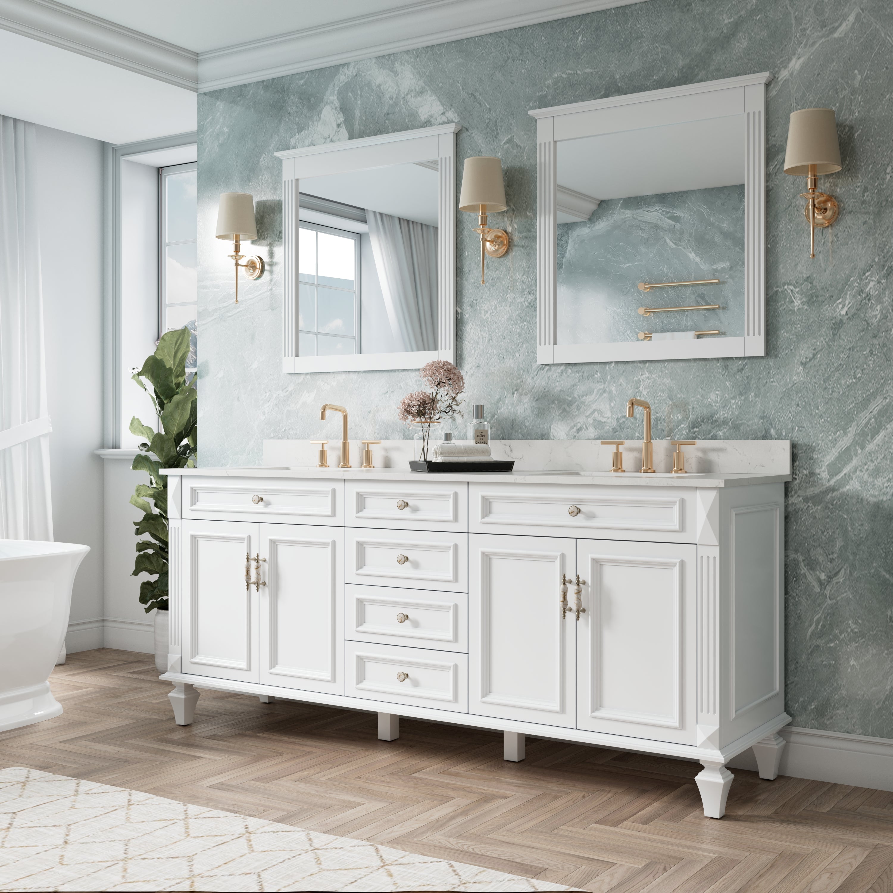 80 in. Freestanding Solid Wood Bathroom Vanity with Carrara White Quartz Countertop, White