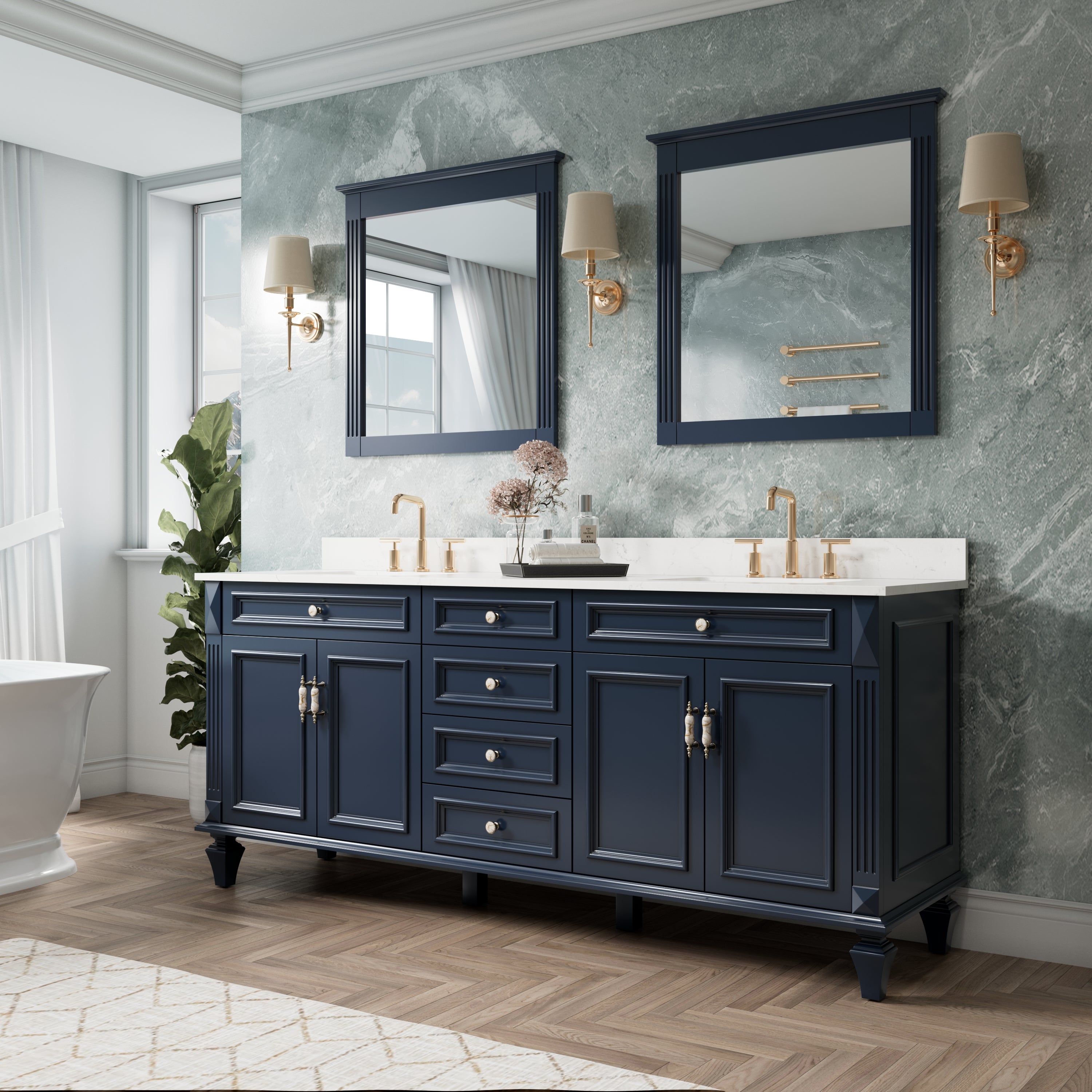 80 in. Freestanding Solid Wood Bathroom Vanity with Carrara White Quartz Countertop, Navy Blue