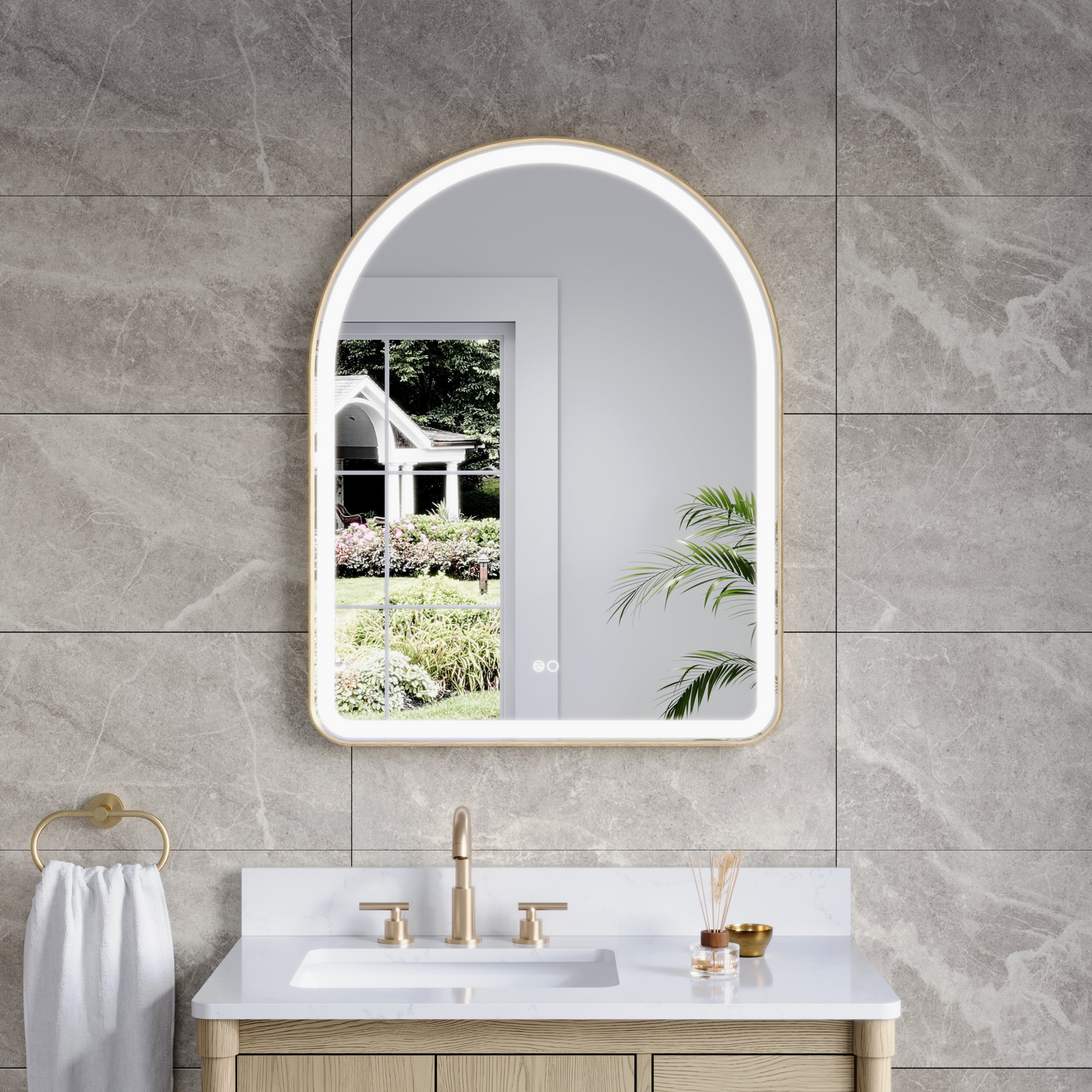 28 in. W x 36 in. H Arched Gold Framed LED Light Mirror, Wall Anti-Fog Bathroom Vanity Mirror
