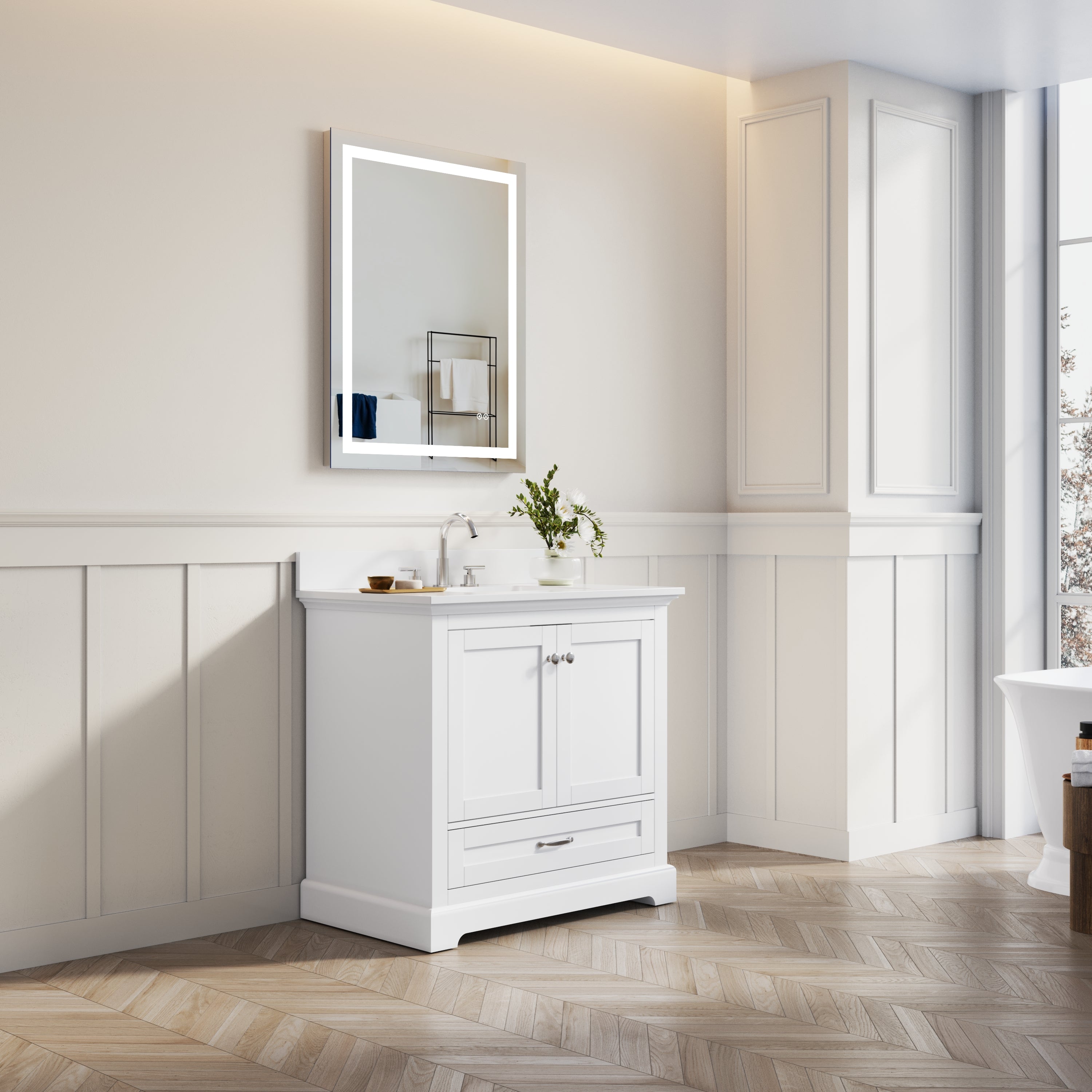 36 Inch White Bathroom Vanity with cUPC Undermount Basin with 2 Doors and 1 Drawer