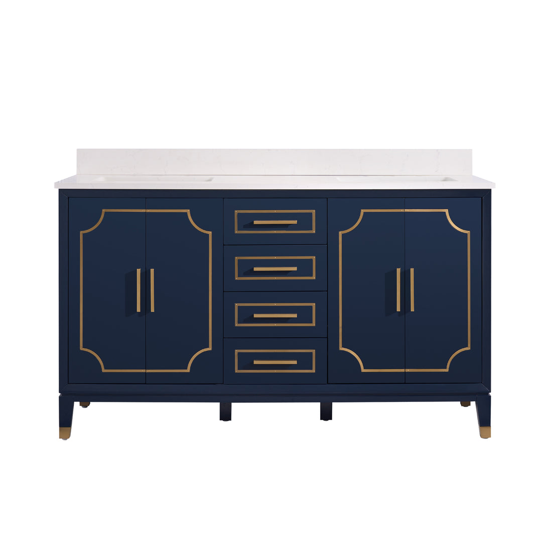 Melody 60 in. W x 22 in. D x 35 in. H Freestanding Bathroom Vanity in Navy Blue with Carrara White Quartz Vanity Top