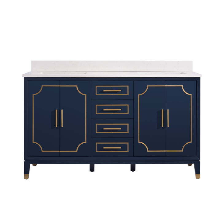 Melody 60 in. W x 22 in. D x 35 in. H Freestanding Bathroom Vanity in Navy Blue with Carrara White Quartz Vanity Top