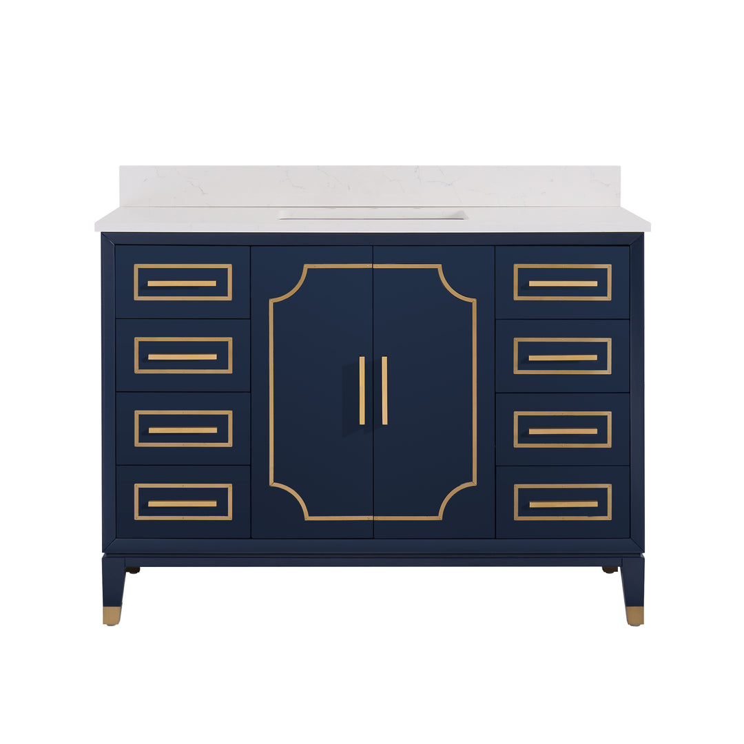 Melody 48 in. W x 22 in. D x 35 in. H Freestanding Bathroom Vanity in Navy Blue with Carrara White Quartz Vanity Top