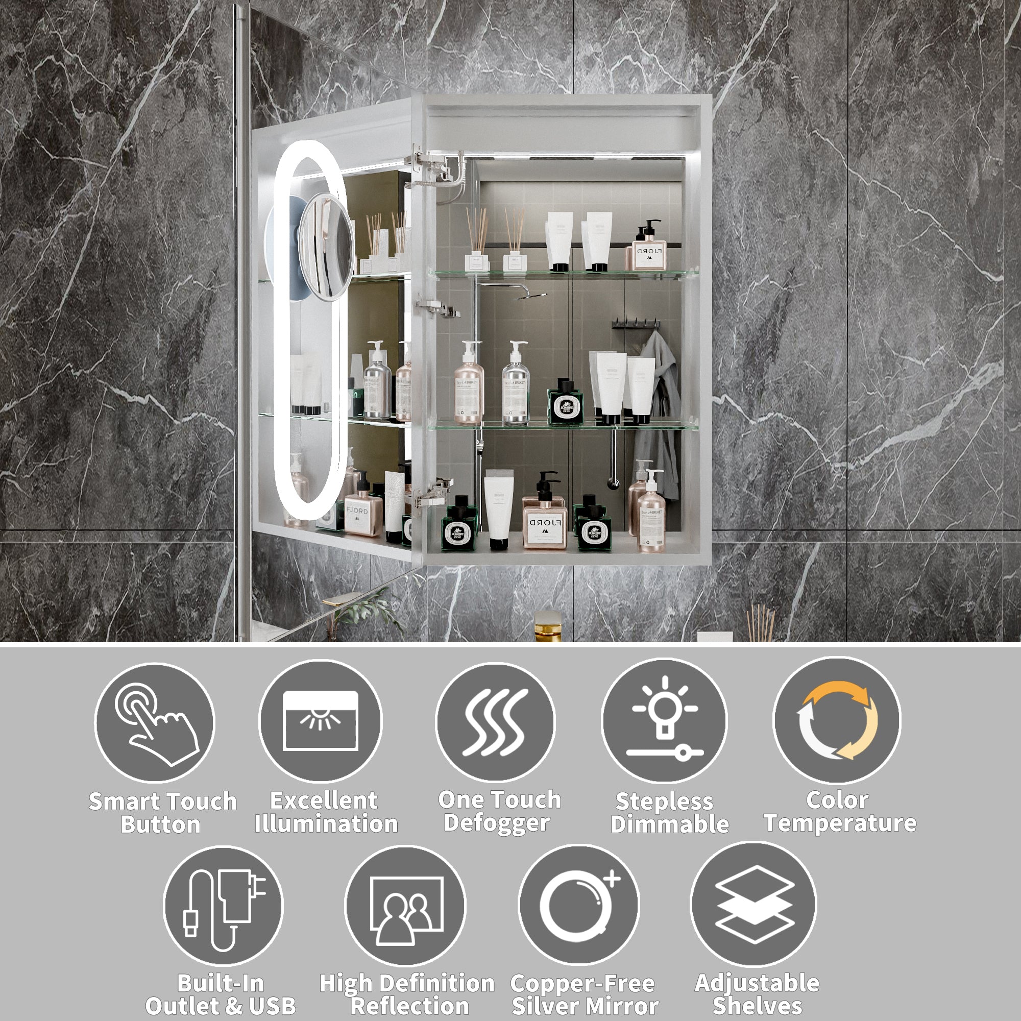 20 in. x 32 in. Recessed/Surface Mount Left LED Medicine Cabinet with 5X Magnifier Mirror, Aluminum Frame