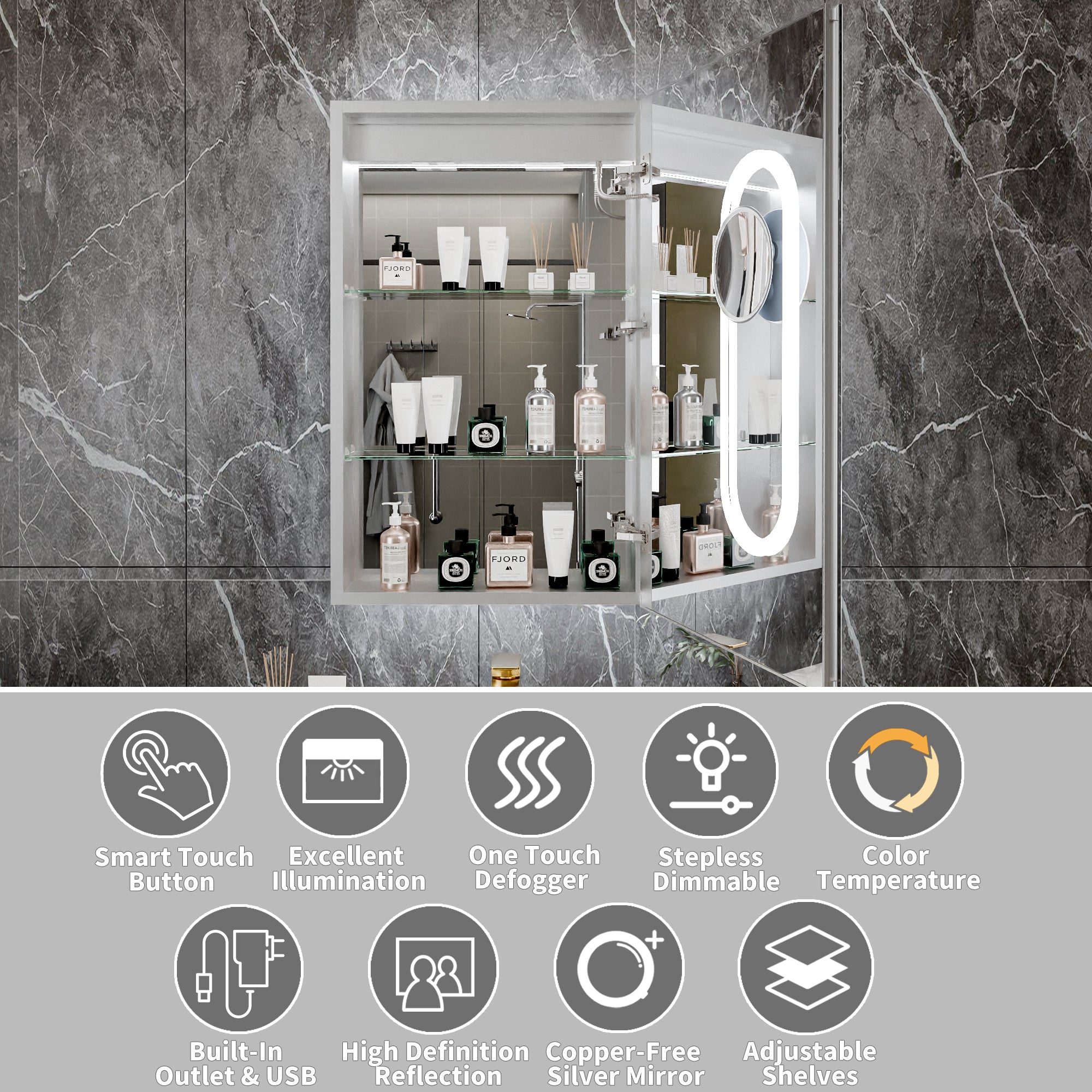 20 in. x 32 in. Recessed/Surface Mount Right LED Medicine Cabinet with 5X Magnifier Mirror, Aluminum Frame