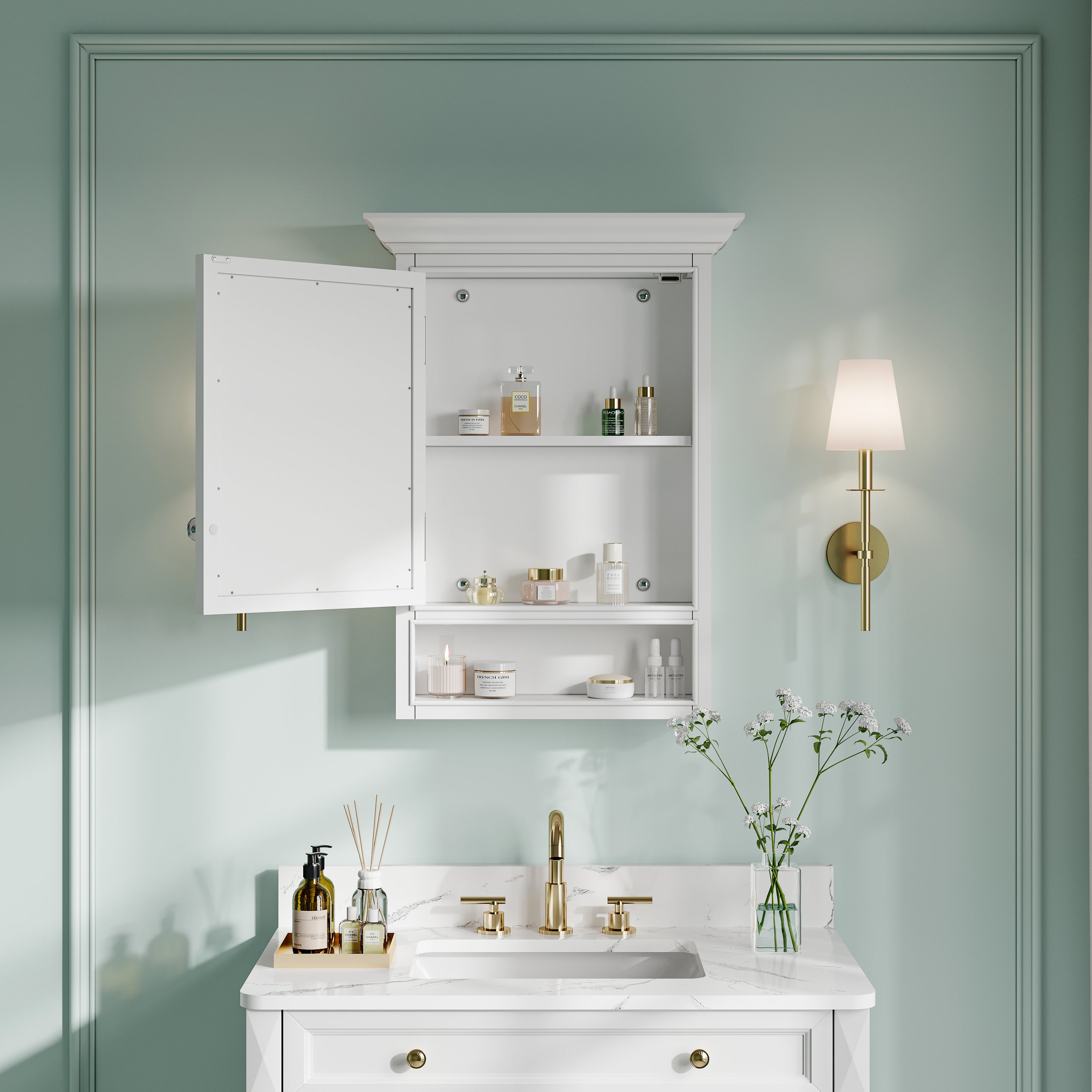24-In W x 32-In H Surface-Mount Wood Medicine Cabinet with Mirror for Bathroom