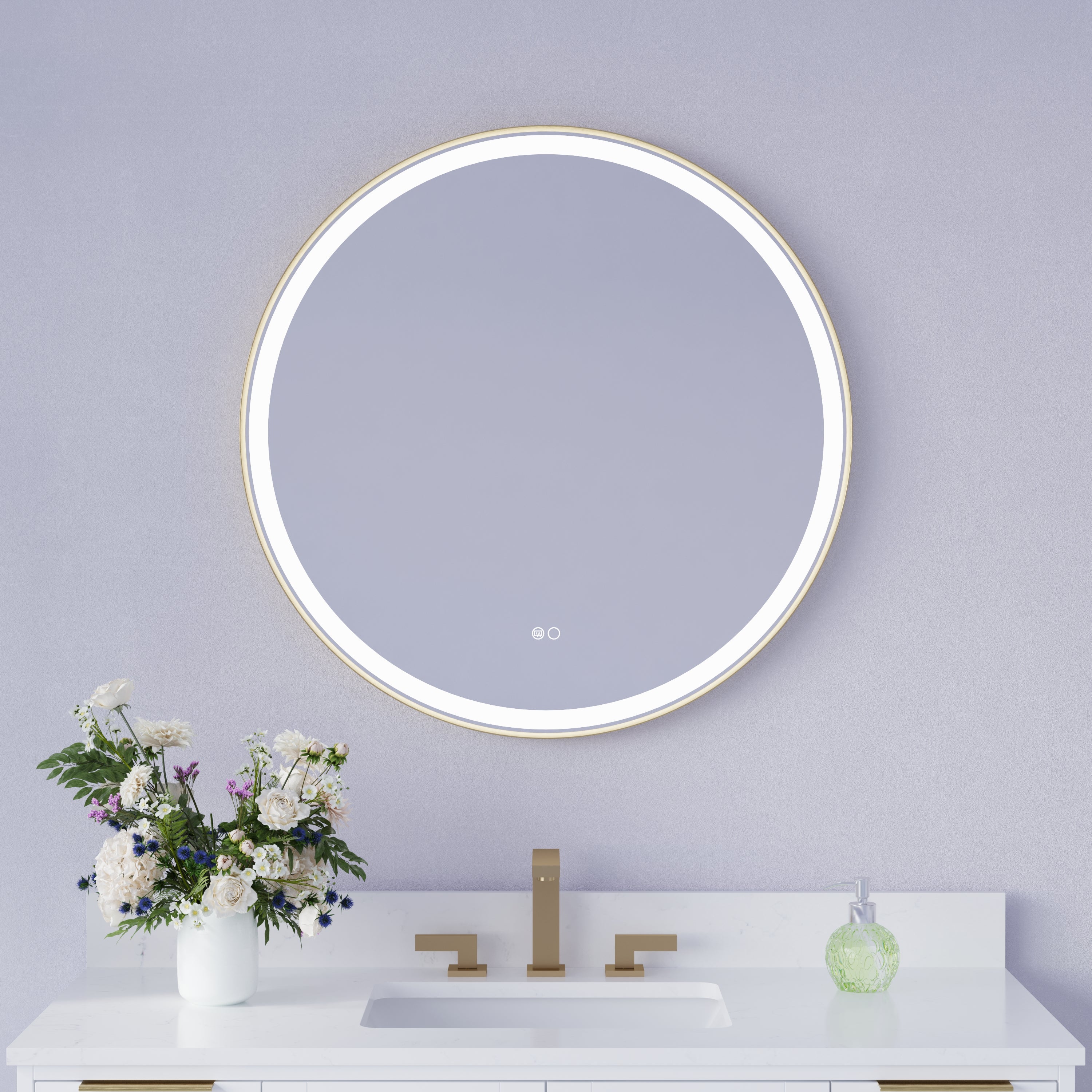 32 in.  W x 32 in.  H Framed Round LED Light Bathroom Vanity Mirror in Brushed Gold