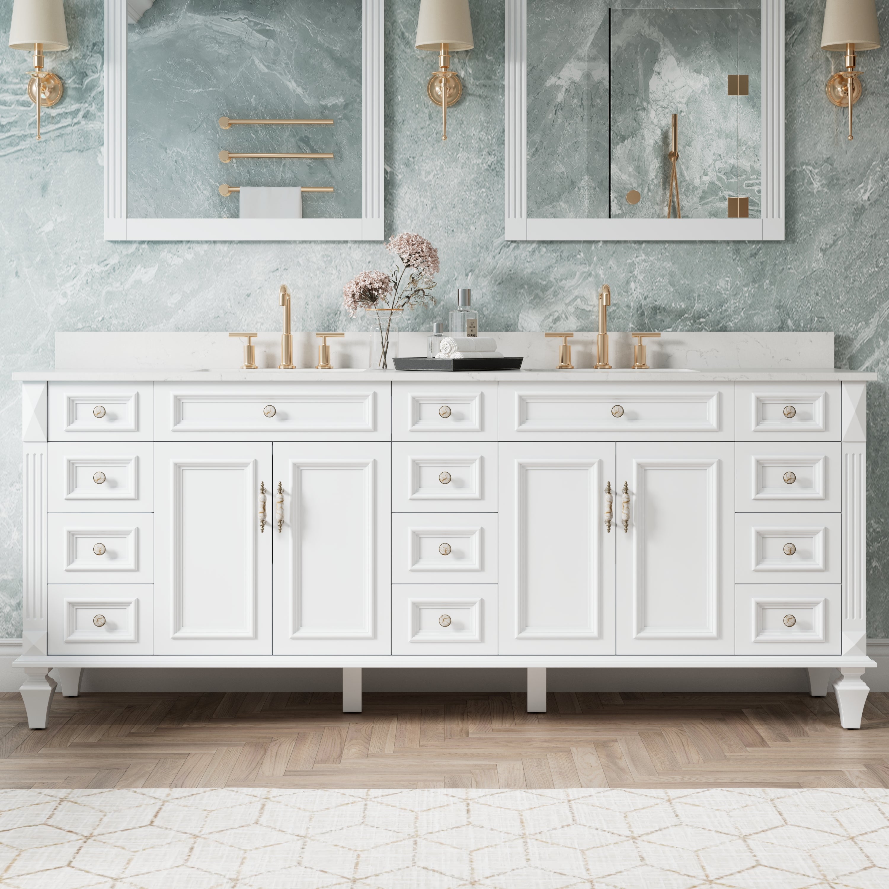84 in. Freestanding Solid Wood Bathroom Vanity with Carrara White Quartz Countertop, White