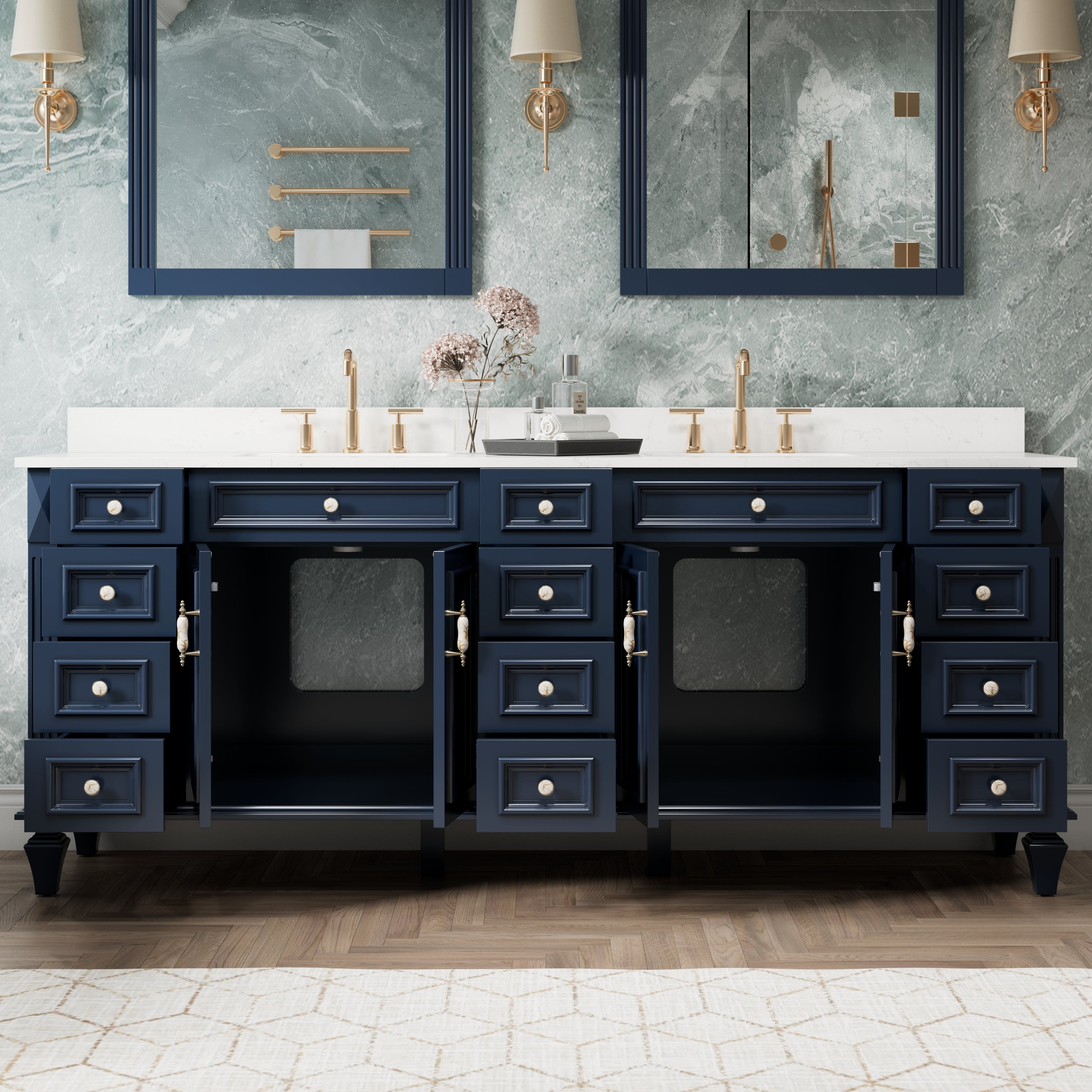 84 in. Freestanding Solid Wood Bathroom Vanity with Carrara White Quartz Countertop, Navy Blue