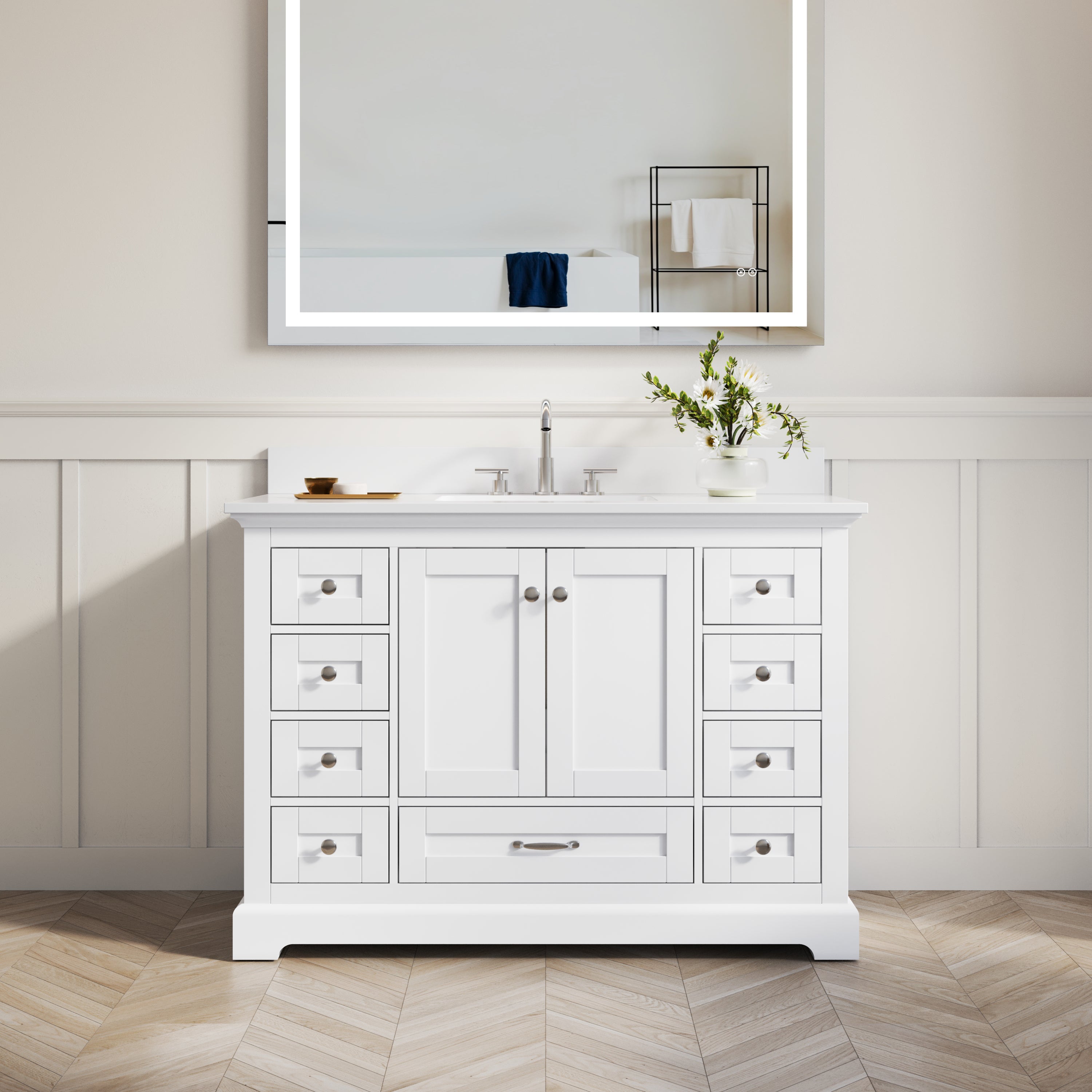 48 Inch White Bathroom Vanity with cUPC Undermount Basin with 2 Doors and 9 Drawers
