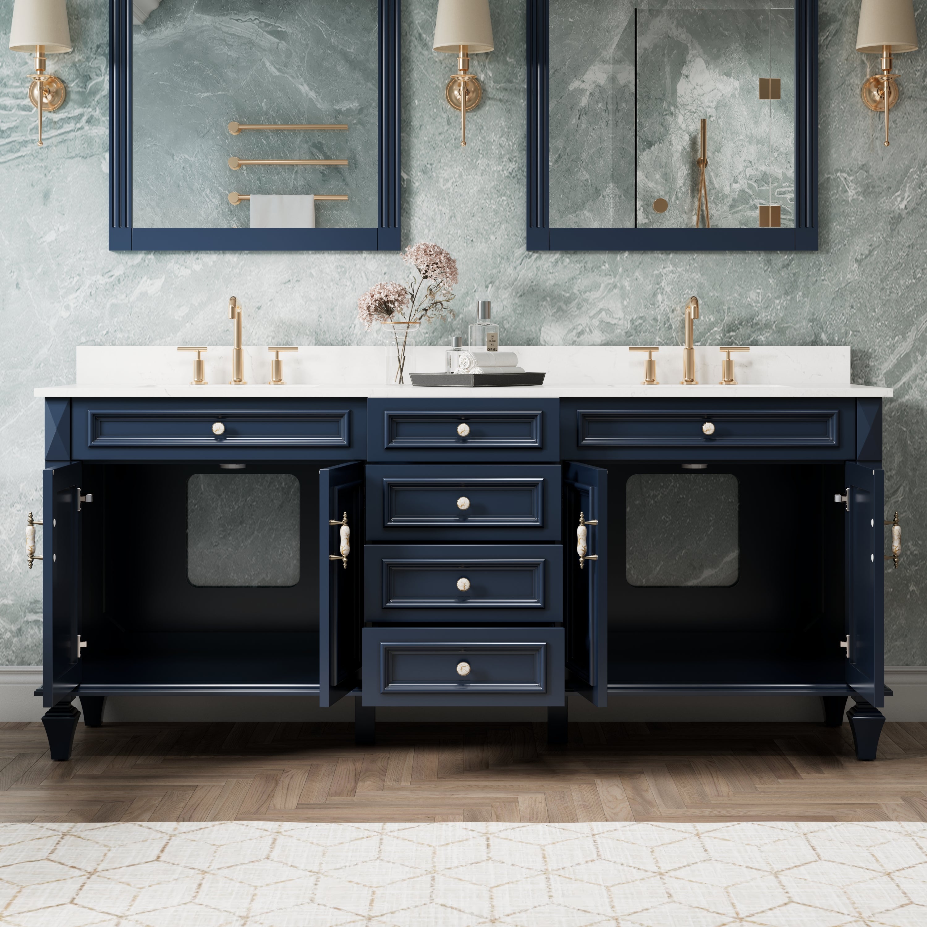 80 in. Freestanding Solid Wood Bathroom Vanity with Carrara White Quartz Countertop, Navy Blue
