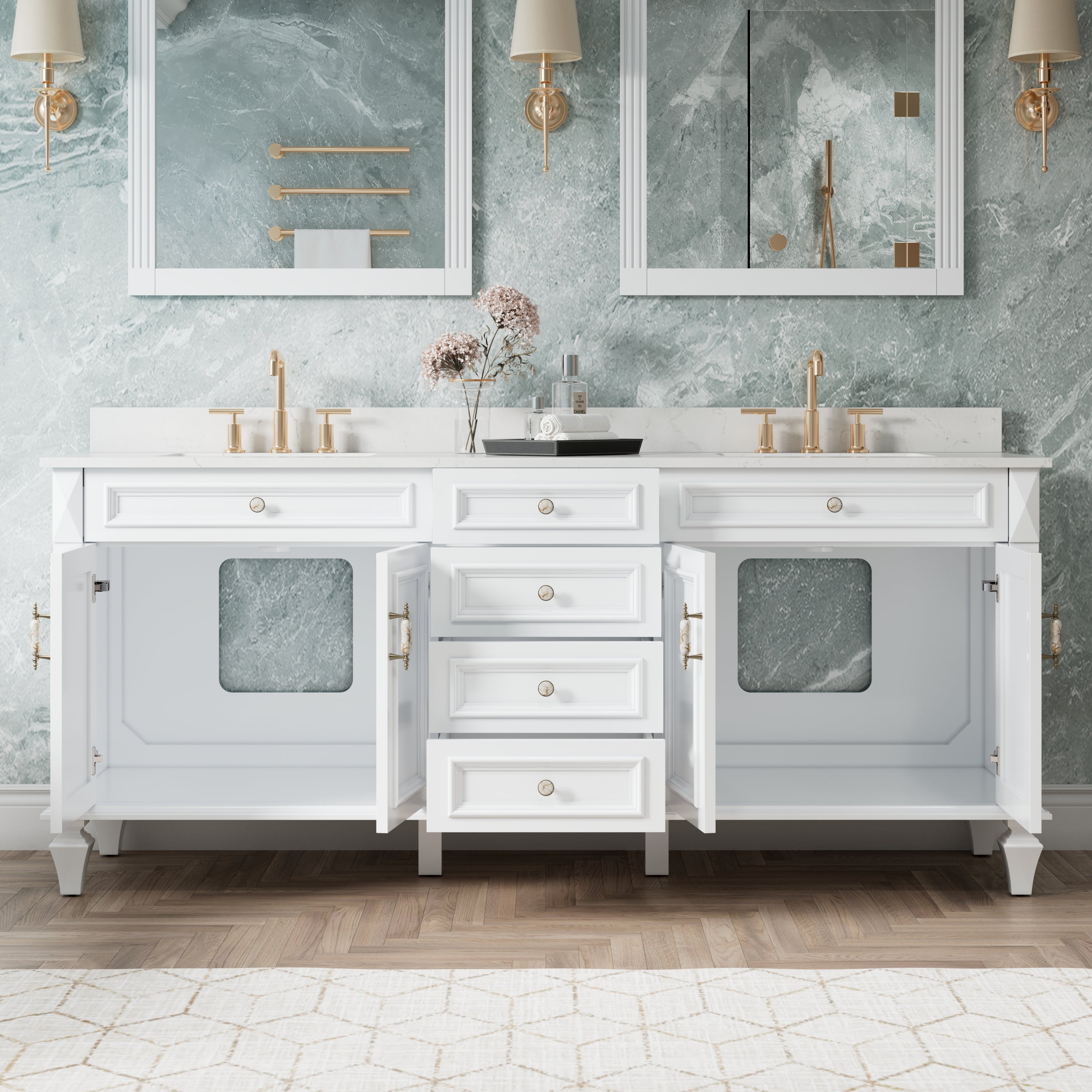 80 in. Freestanding Solid Wood Bathroom Vanity with Carrara White Quartz Countertop, White