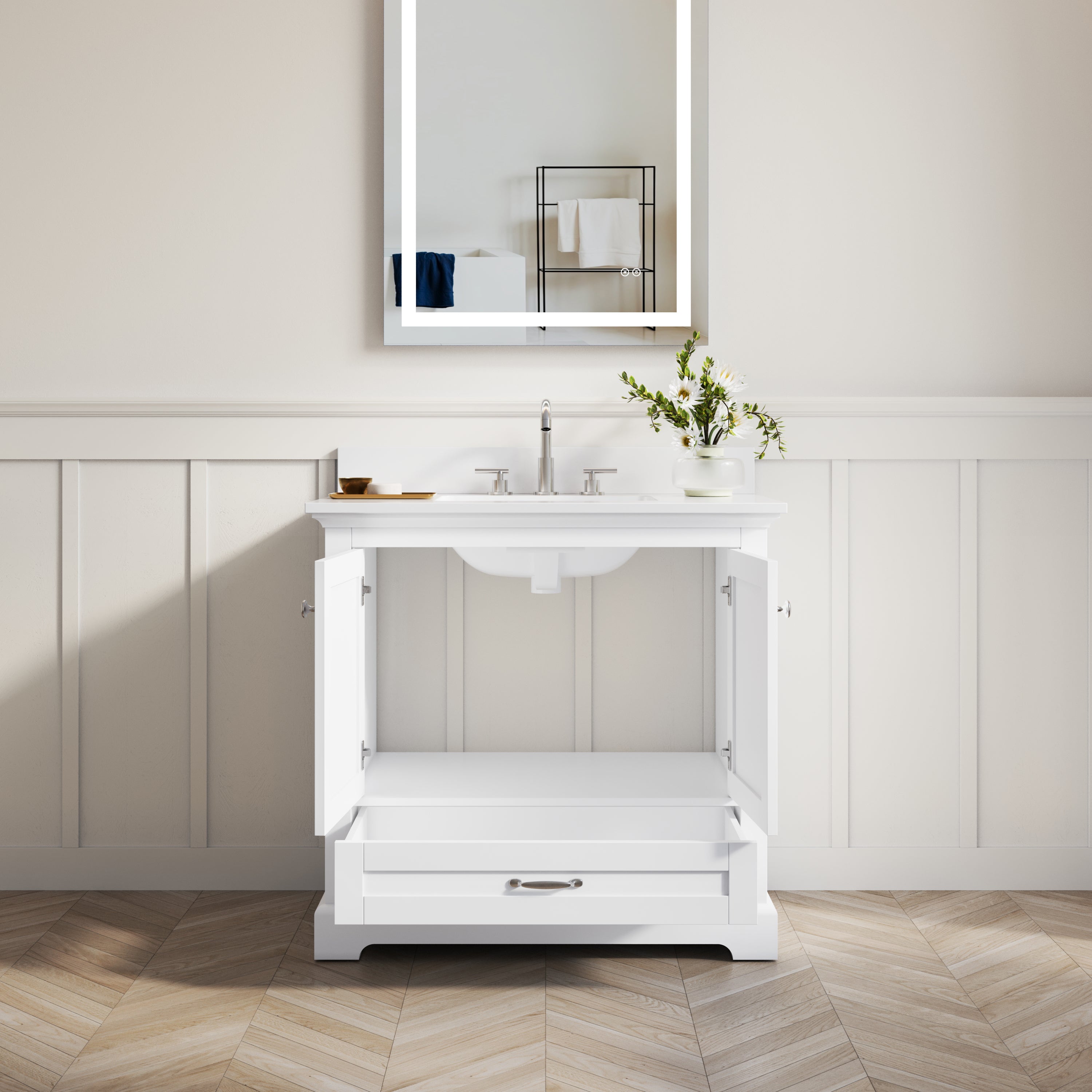 36 Inch White Bathroom Vanity with cUPC Undermount Basin with 2 Doors and 1 Drawer
