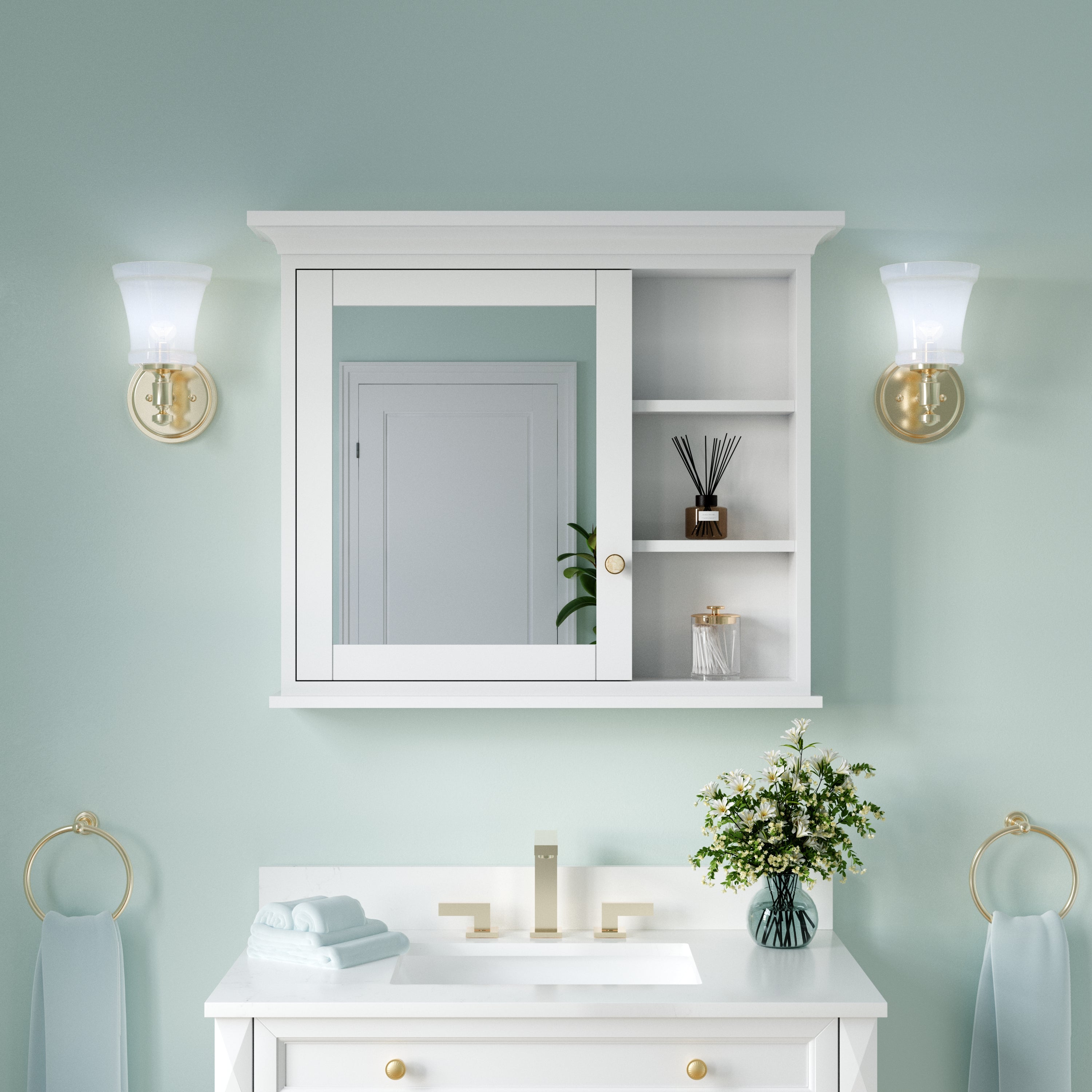 36 in.W x 30 in.H Surface-Mount Bathroom Medicine Cabinet with Mirror in White