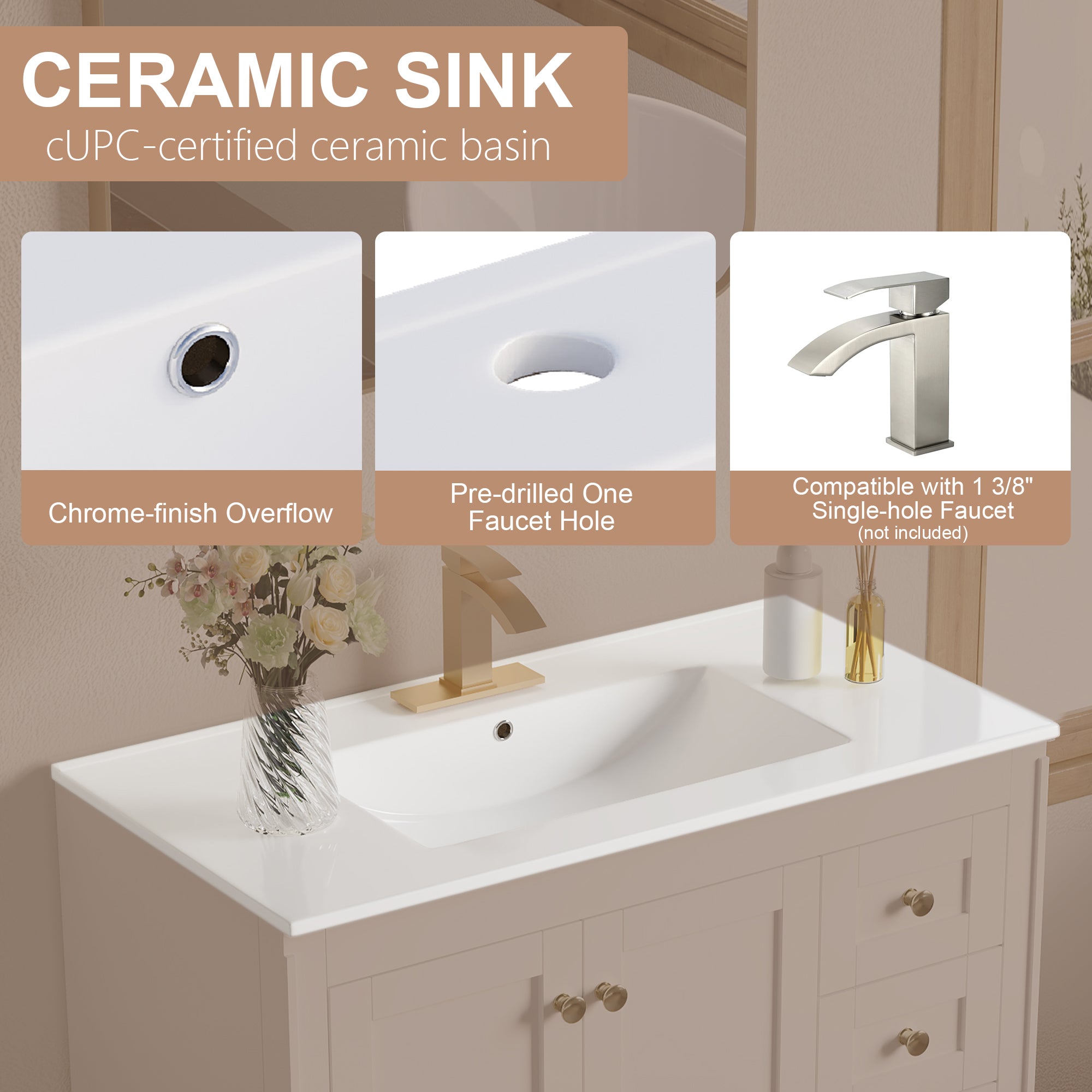 36 inch Bathroom Vanity with Sink Combo Set, Solid Wood Bathroom Storage Cabinet with Soft-Closing Doors, White