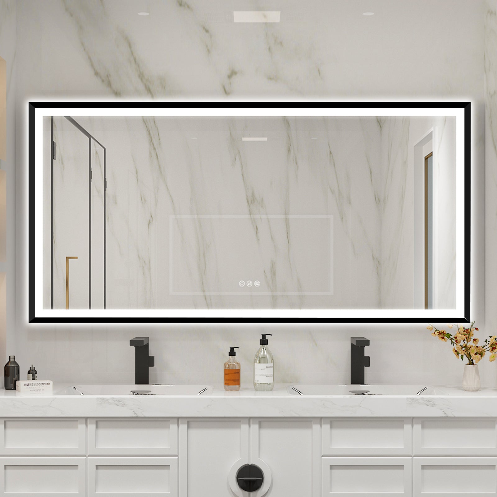 72 in. W x 36 in. H Large Rectangular Framed LED Light Anti-Fog Wall Bathroom Vanity Mirror in Black