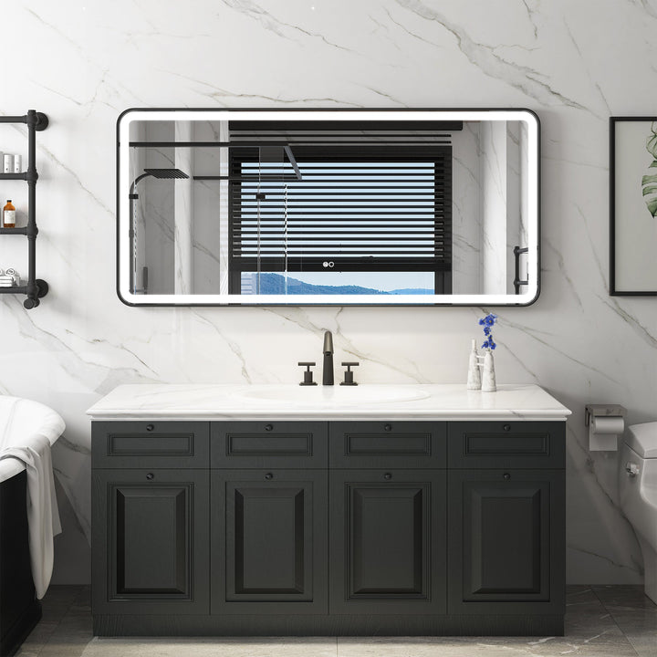60 in. W x 28 in. H Framed Round Shaped Corners LED Light Bathroom Vanity Mirror in Black