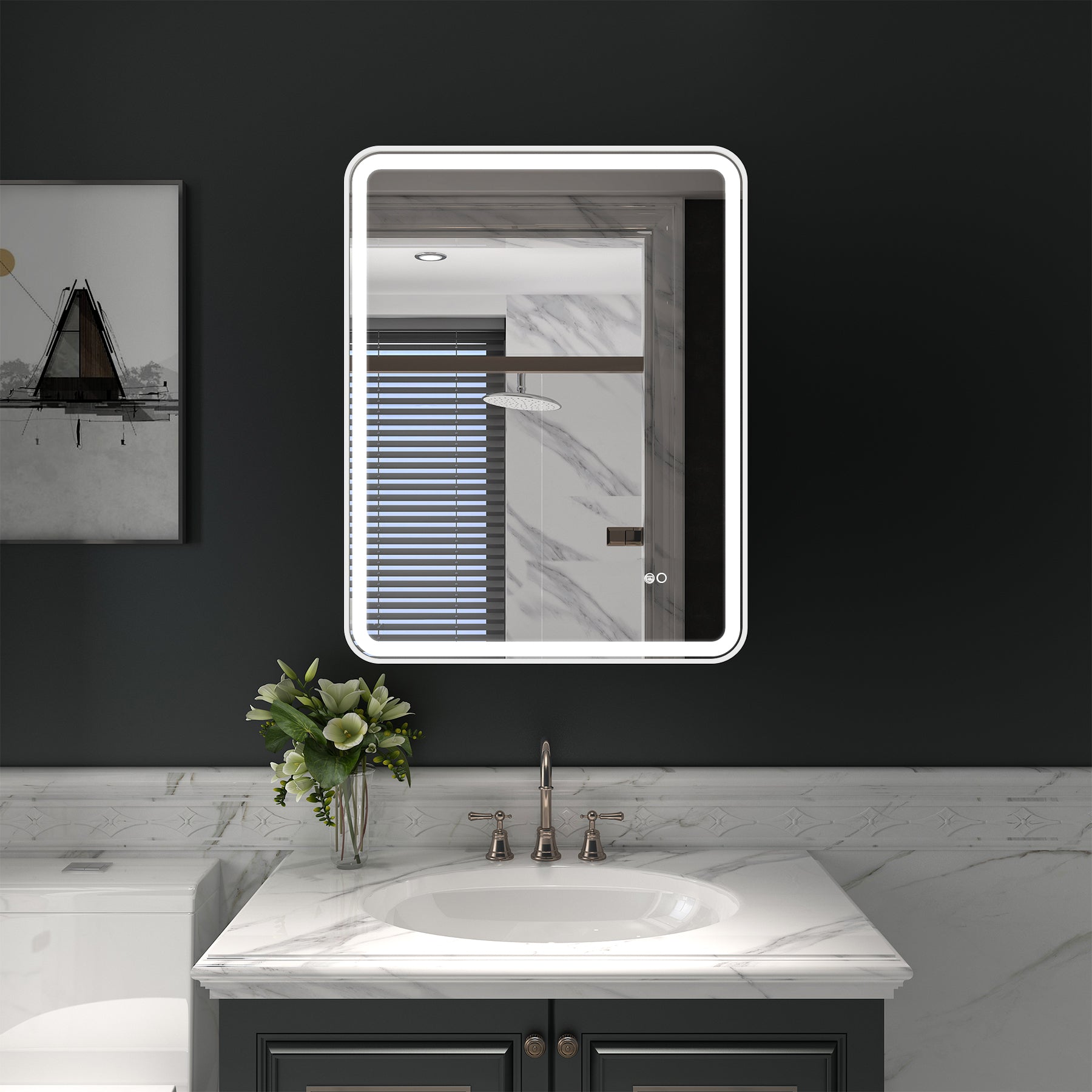 28 in. W x 36 in. H Framed Round Shaped Corners LED Light Bathroom Vanity Mirror in White