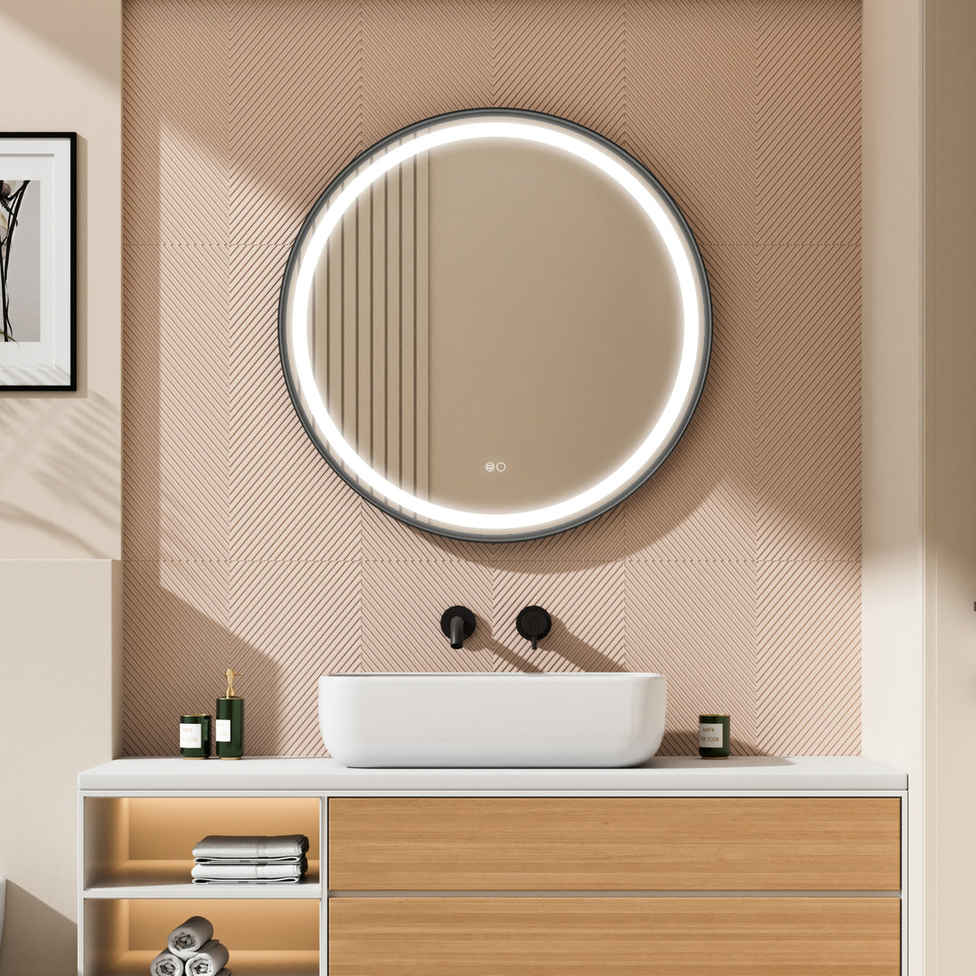 32 in. W x 32 in. H Framed Round LED Light Bathroom Vanity Mirror in Black