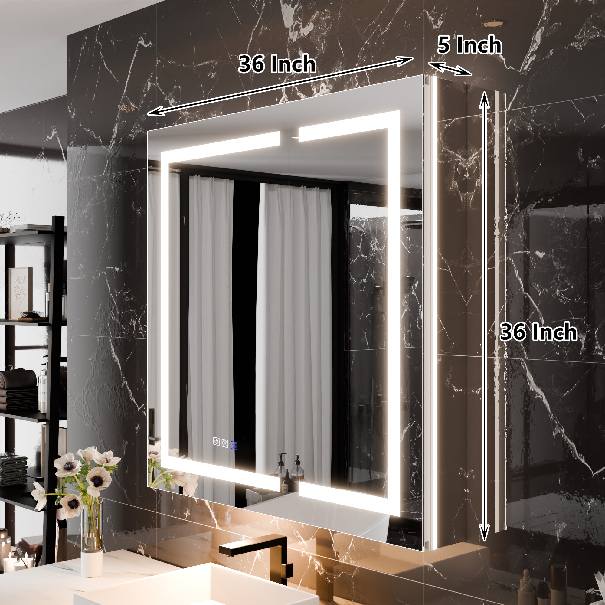 WELLFOR 36 in. x 36 in. Recessed/Surface Mount Right Medicine Cabinet with 5X Magnifier Mirror and Night Light