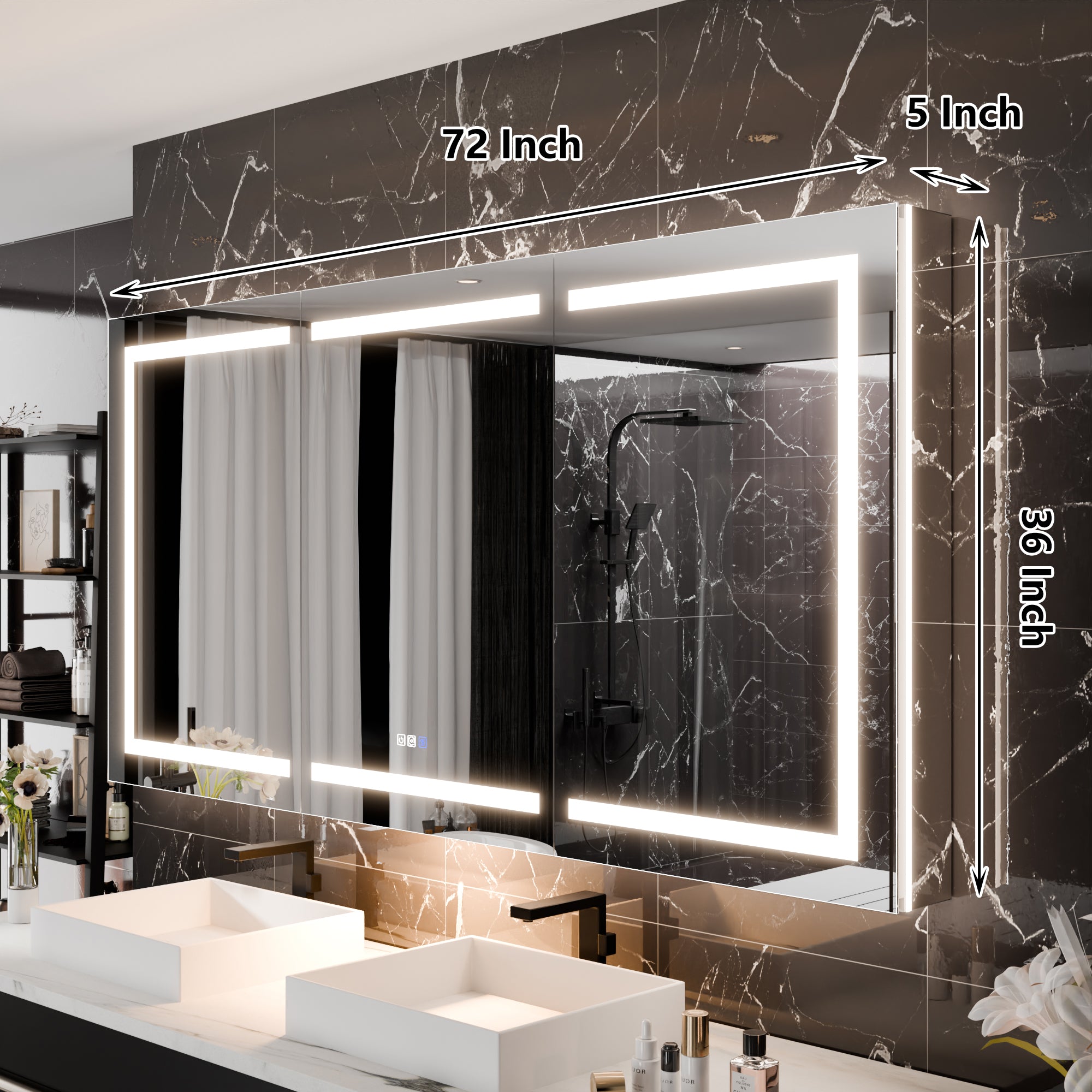 WELLFOR 72 in. x 36 in. Recessed/Surface Mount Right Medicine Cabinet with 5X Magnifier Mirror and Night Light