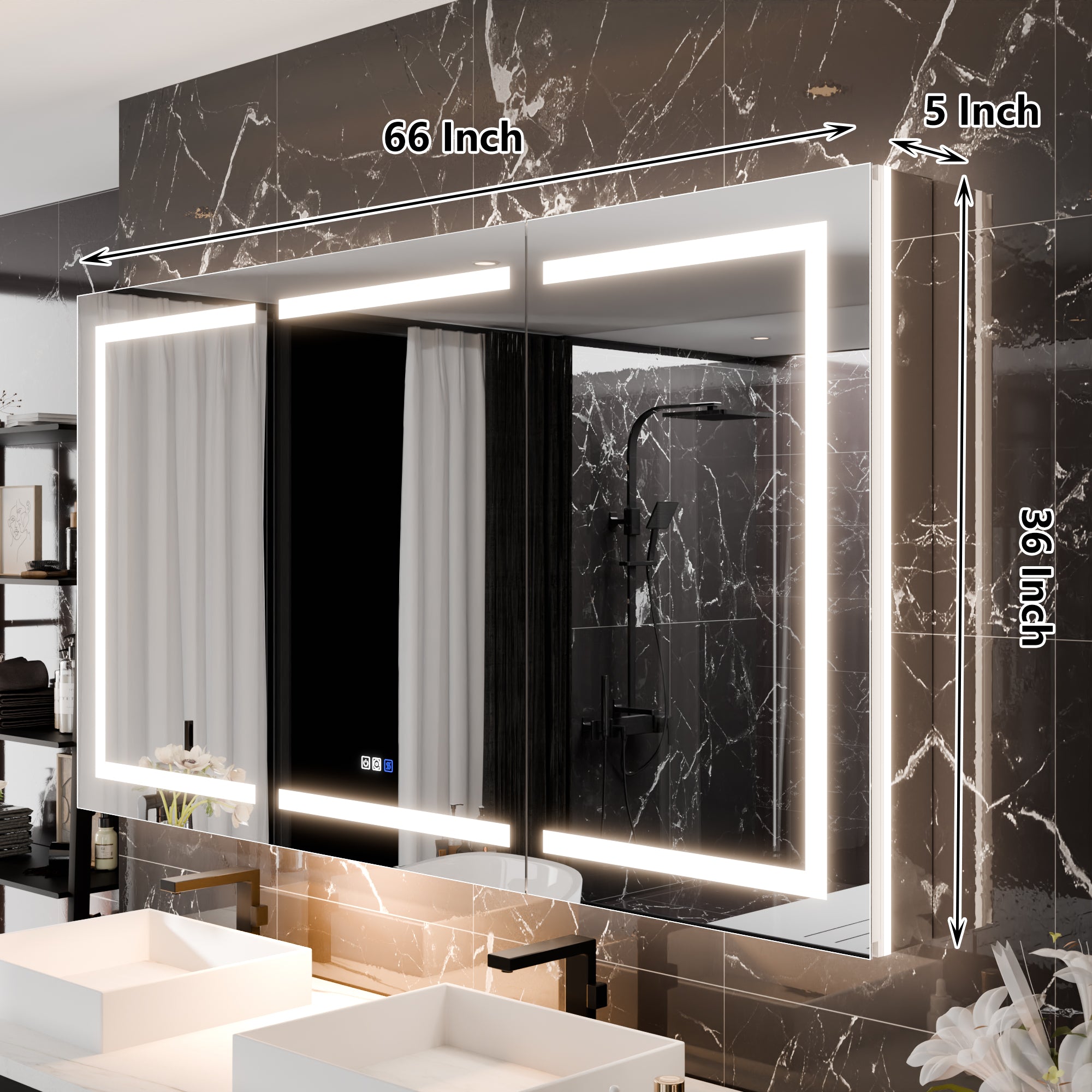 WELLFOR 66 in. x 36 in. Recessed/Surface Mount Right Medicine Cabinet with 5X Magnifier Mirror and Night Light