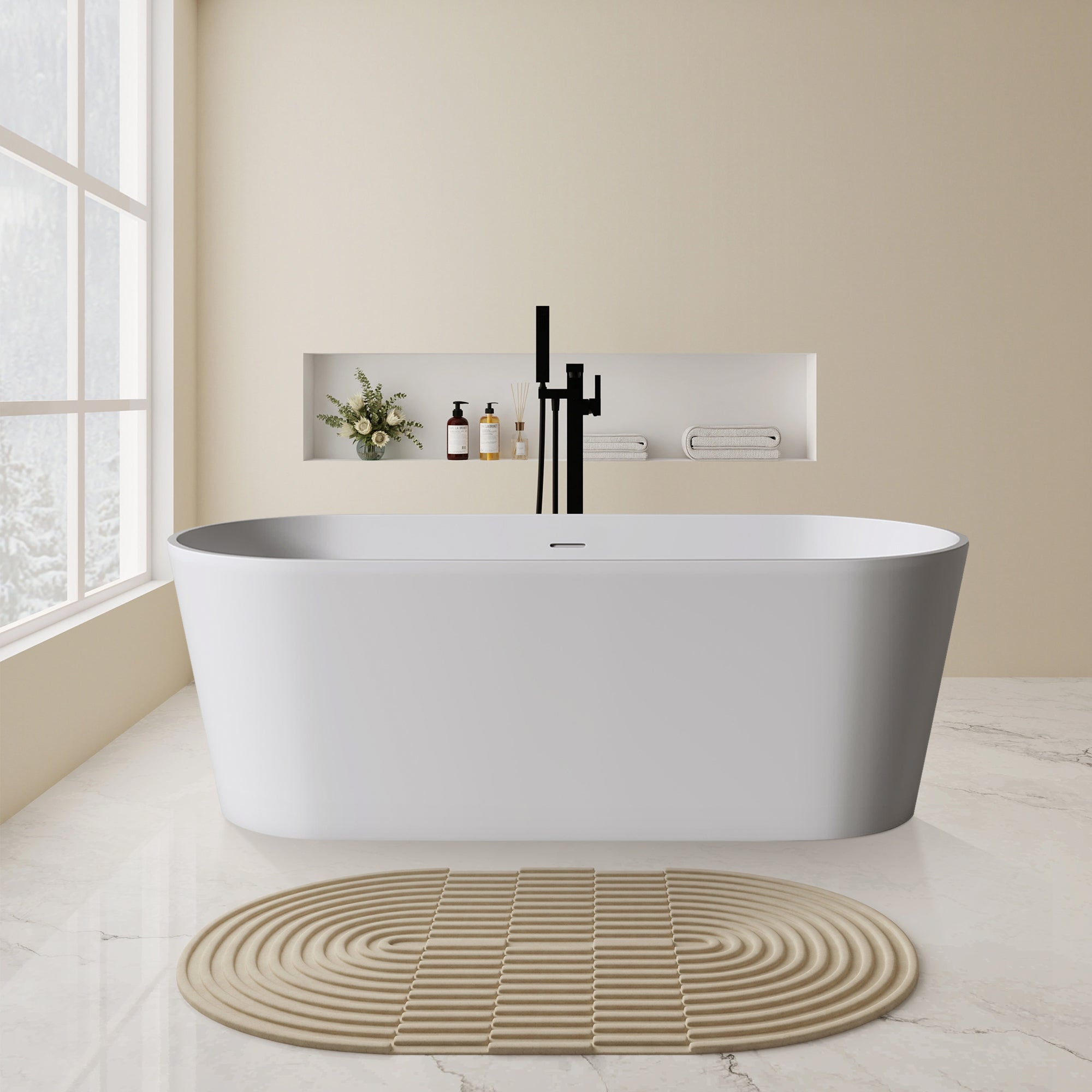 63" Stone Resin Solid Surface Light Gray Flatbottom Freestanding Bathtub with Pop-up Drainer