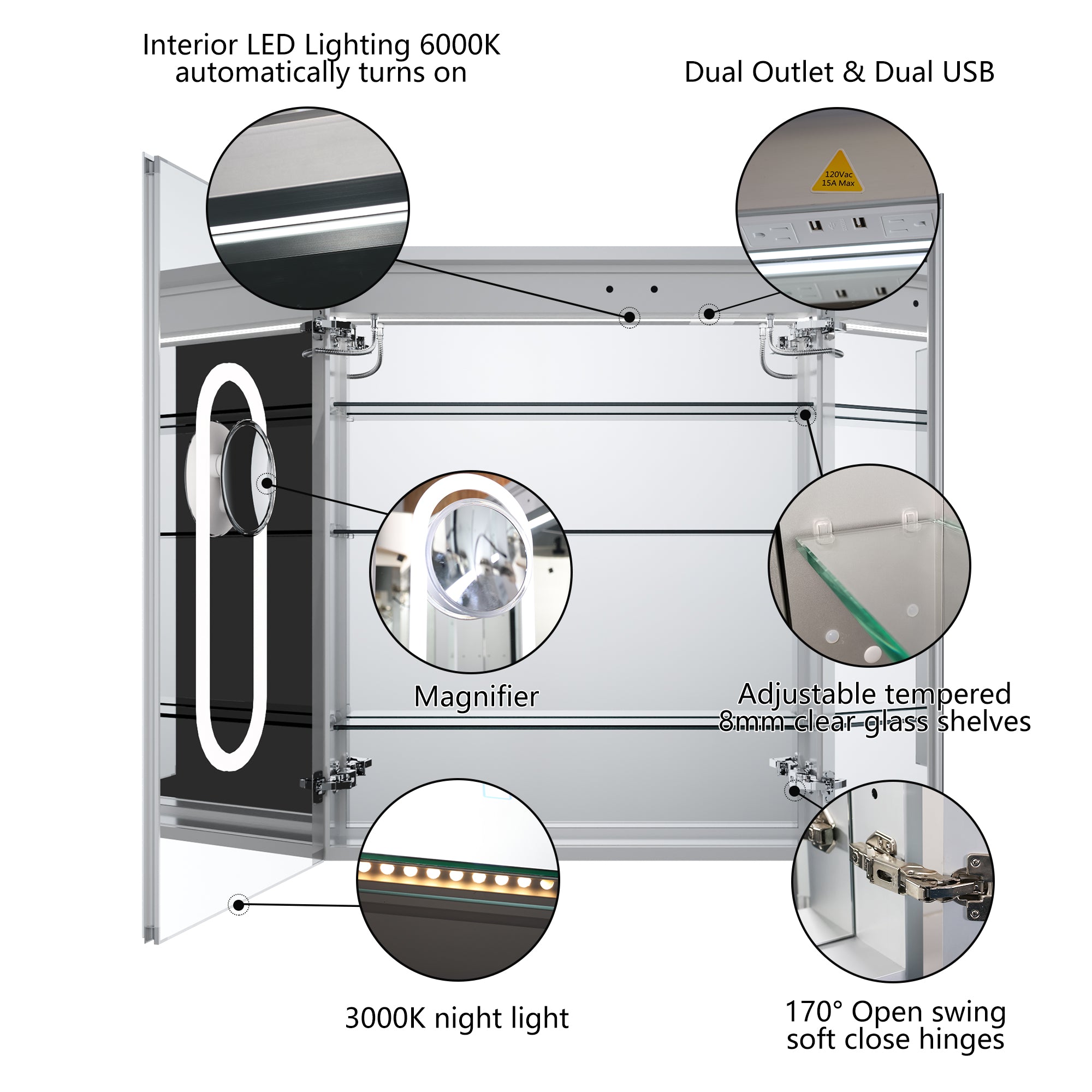WELLFOR 30 in. x 36 in. Recessed/Surface Mount LED Medicine Cabinet with Magnifier Mirror