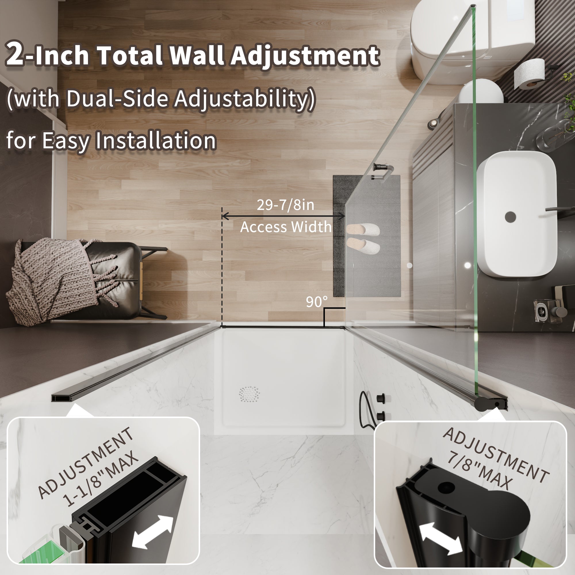 34-36 in. W x 72 in. H Semi-Frameless Pivot Shower Door with 1/4 in SGCC Tempered Glass, Reversible Installation, Matte Black