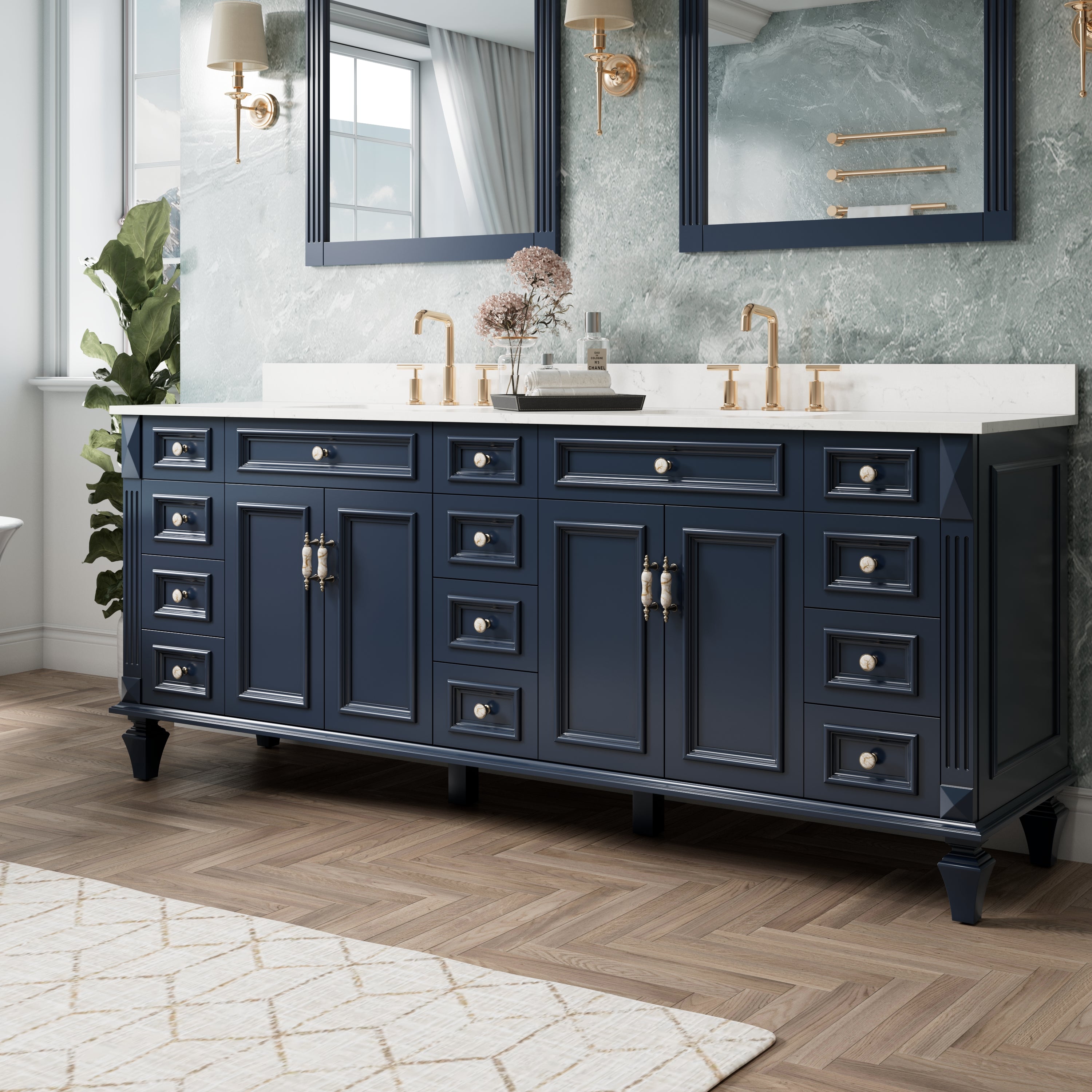84 in. Freestanding Solid Wood Bathroom Vanity with Carrara White Quartz Countertop, Navy Blue