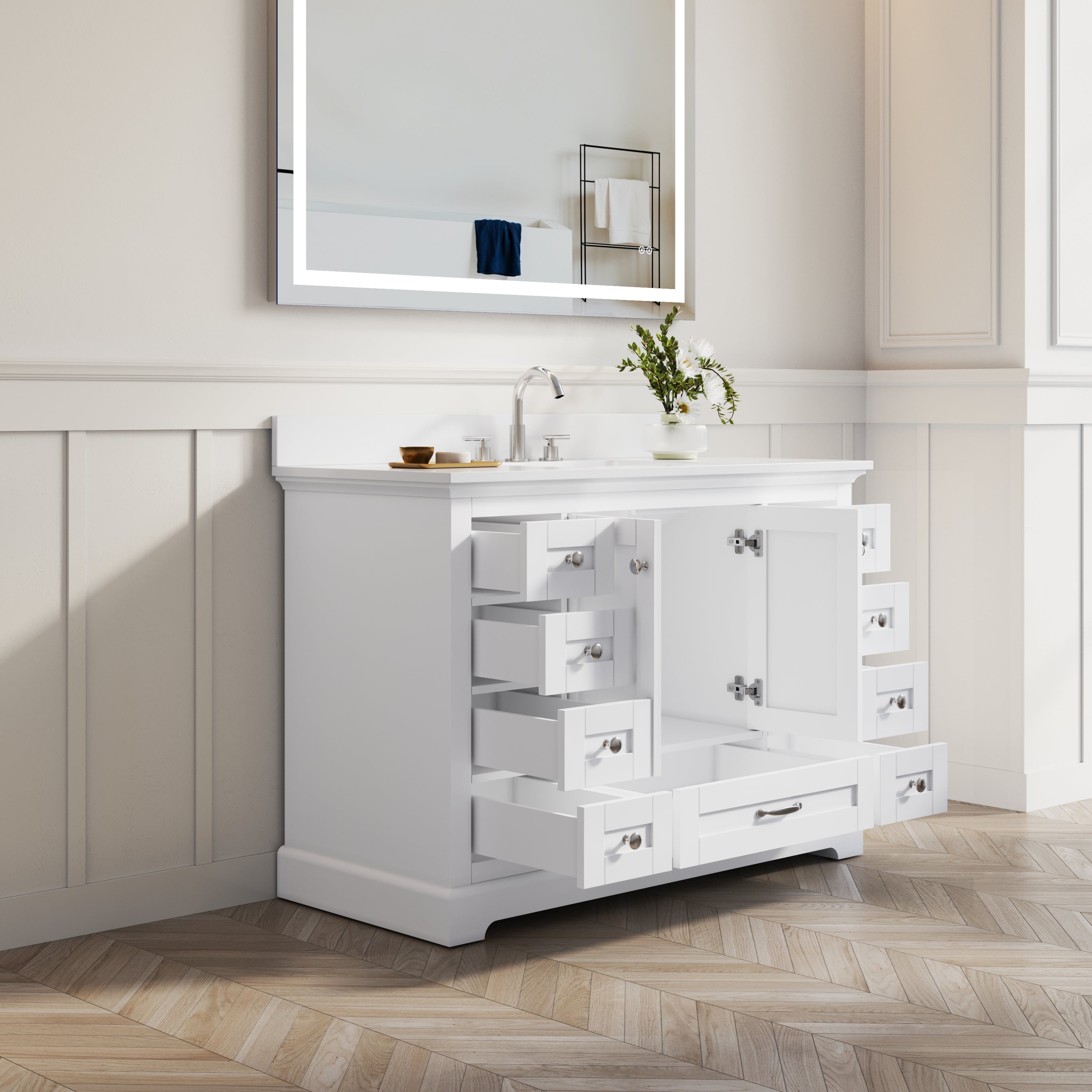 48 Inch White Bathroom Vanity with cUPC Undermount Basin with 2 Doors and 9 Drawers