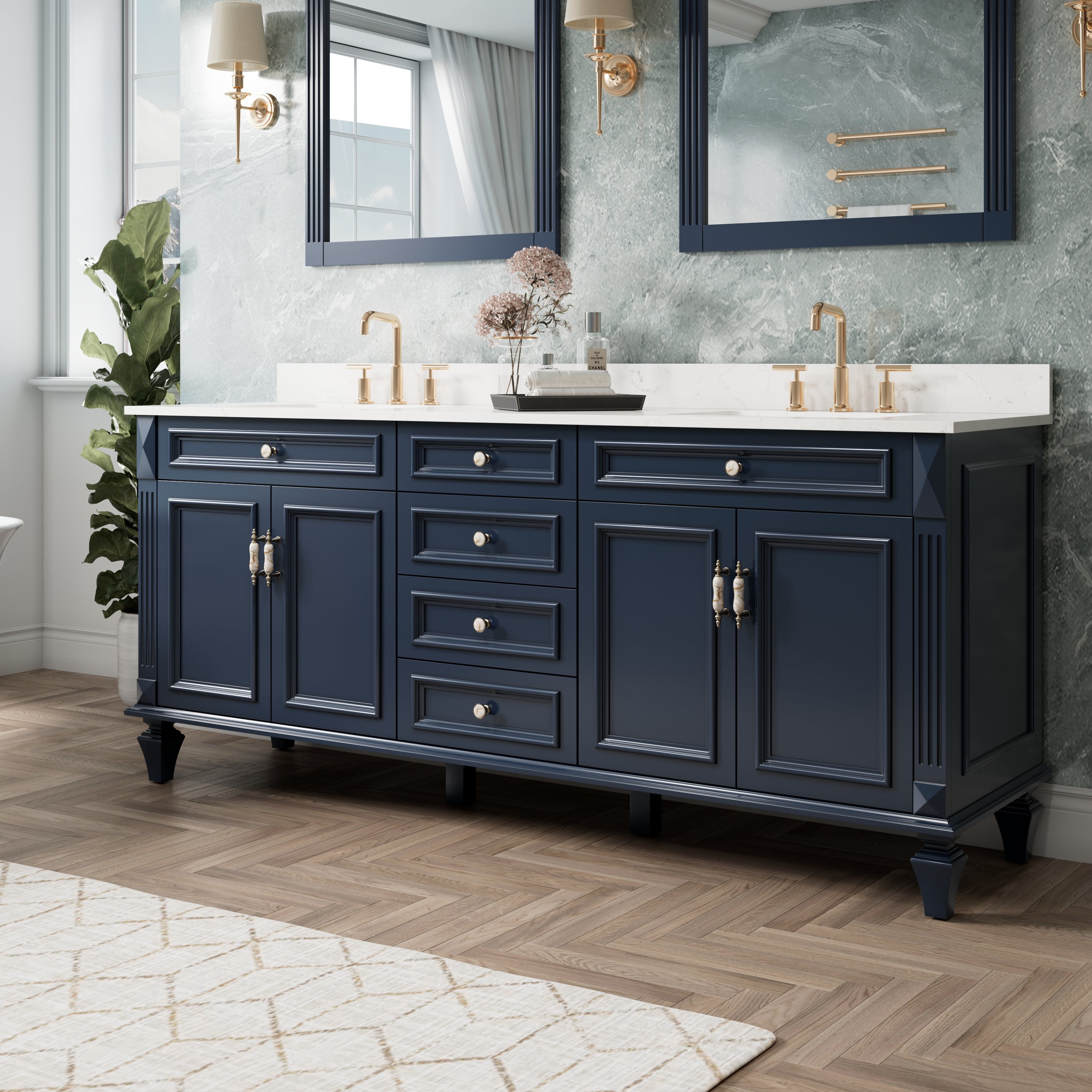80 in. Freestanding Solid Wood Bathroom Vanity with Carrara White Quartz Countertop, Navy Blue